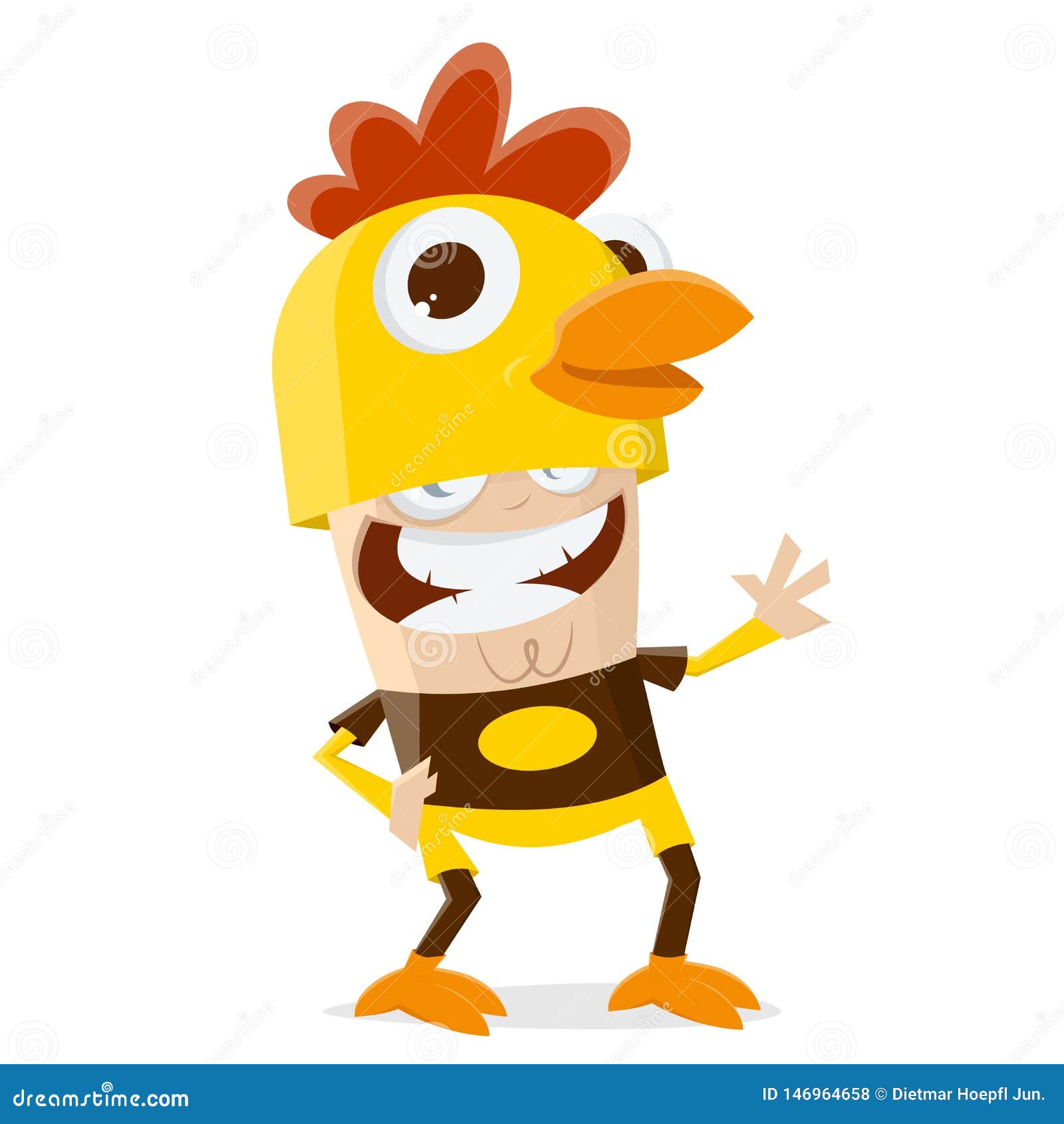 funny cartoon  of a man in a chicken costume