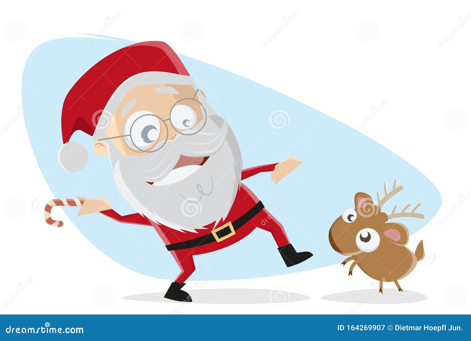 Cartoon Illustration of Santa Claus Playing Stick Throwing Game with Little Reindeer Stock