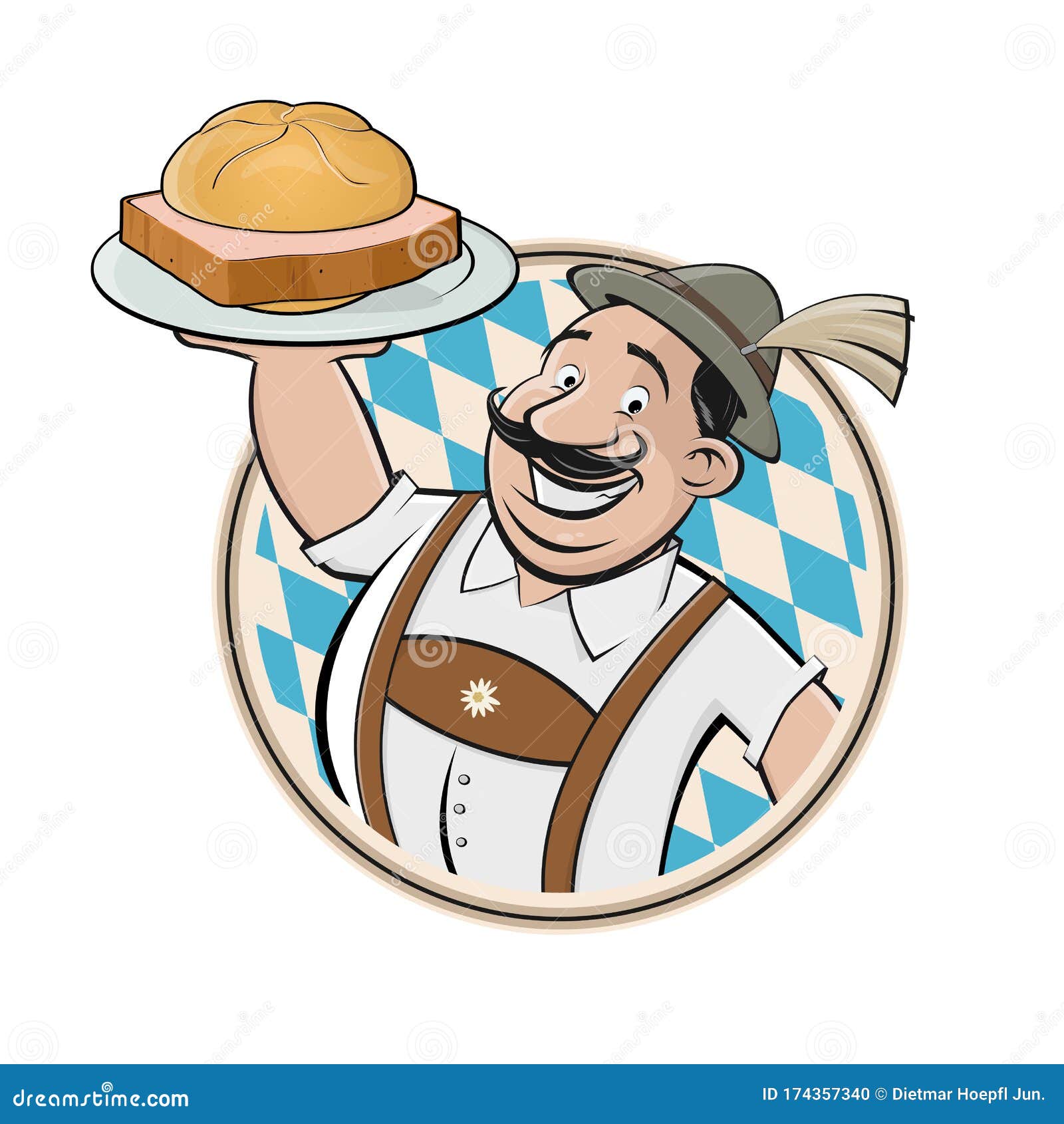 cartoon logo of a bavarian man serving german specialty food meatloaf called leberkÃÂ¤se