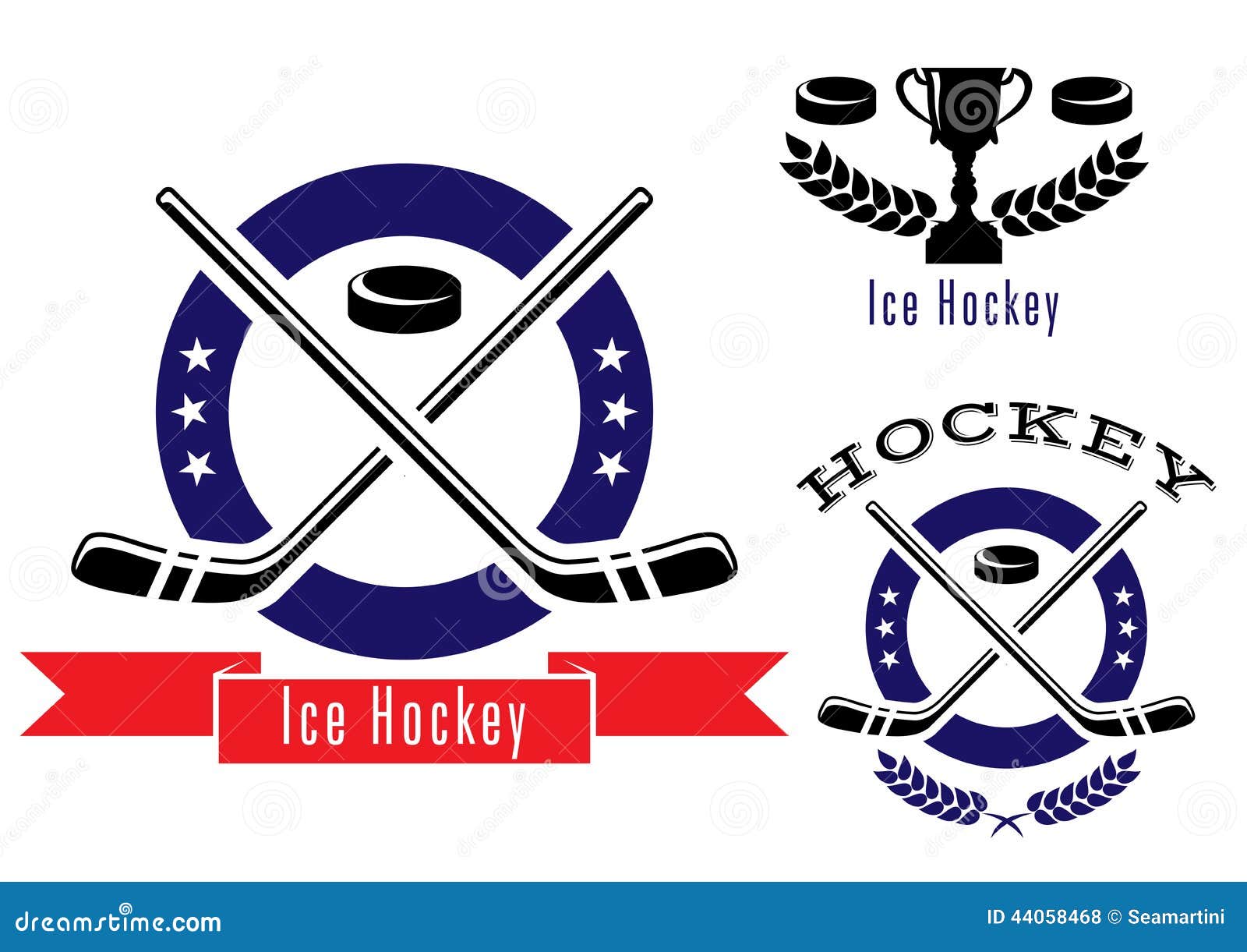 Eishockeysymbole oder -embleme eingestellt. Die Eishockeysymbole oder -logos, die mit Koboldfahnen-Stocklorbeer eingestellt werden, winden, prize Schale der Trophäe und Text Eis-Hockey Mai-Gebrauch für Sport- und Erholungs- oder Logodesign
