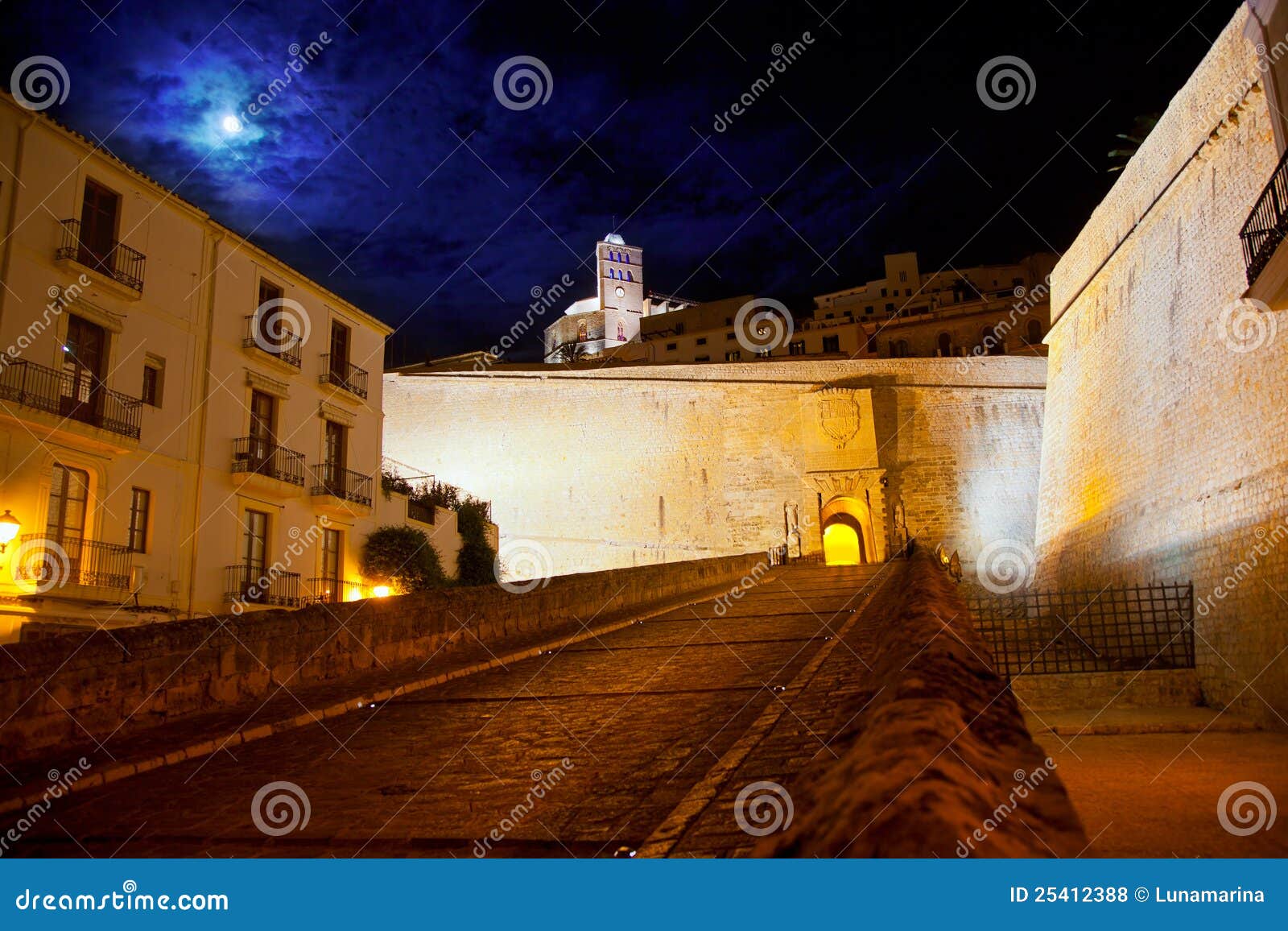 eivissa ibiza town with night moon castle entrance