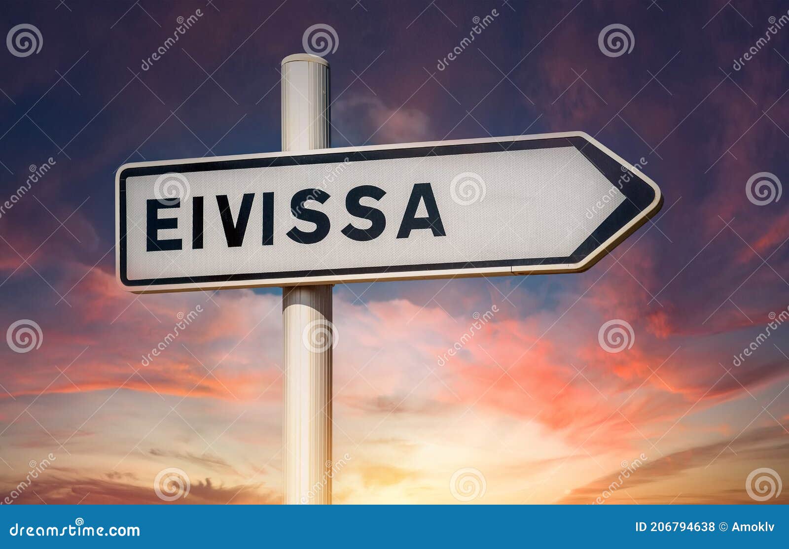 eivissa signpost during cloudy sky sunset background. ibiza, spain