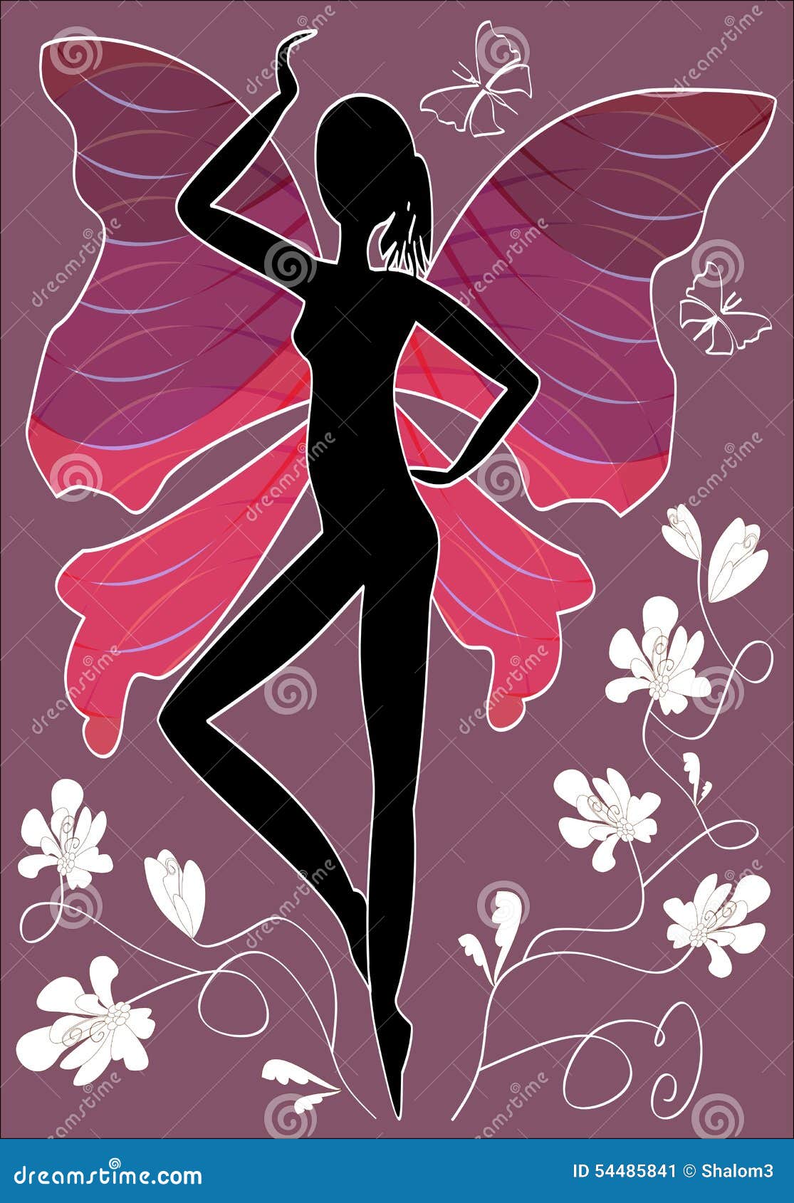 Ejemplo Abstracto - Sillhouete De La Mujer Negra Con Las Alas De La Mariposa  Y Las Flores Blancas En Fondo De Color Morado Oscuro Ilustración del Vector  - Ilustración de extracto, movimiento: 54485841