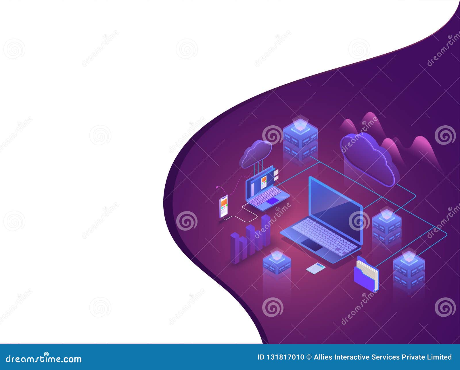 Ejemplo 3D de los web server y del servidor de la nube conectados para traslapar. El ejemplo 3D de los web server y del servidor de la nube conectados con el ordenador portátil con los elementos del otro sector en el fondo púrpura para el concepto de la gestión de datos basó diseño isométrico