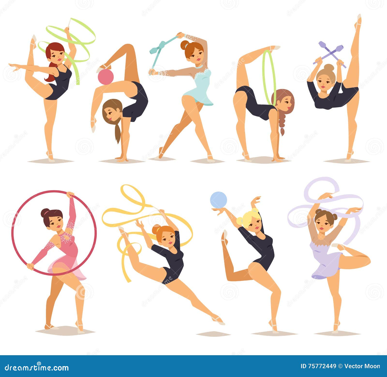 Figuras De Chicas Que Realizan Ejercicios De Gimnasia Con El Aro Maza Y  Cintas Aisladas Ilustración Vectorial. Gimnasta De La Chica Ejercicios De  Gimnasia Artística Y Rítmica. Gimnasta De La Chica Joven