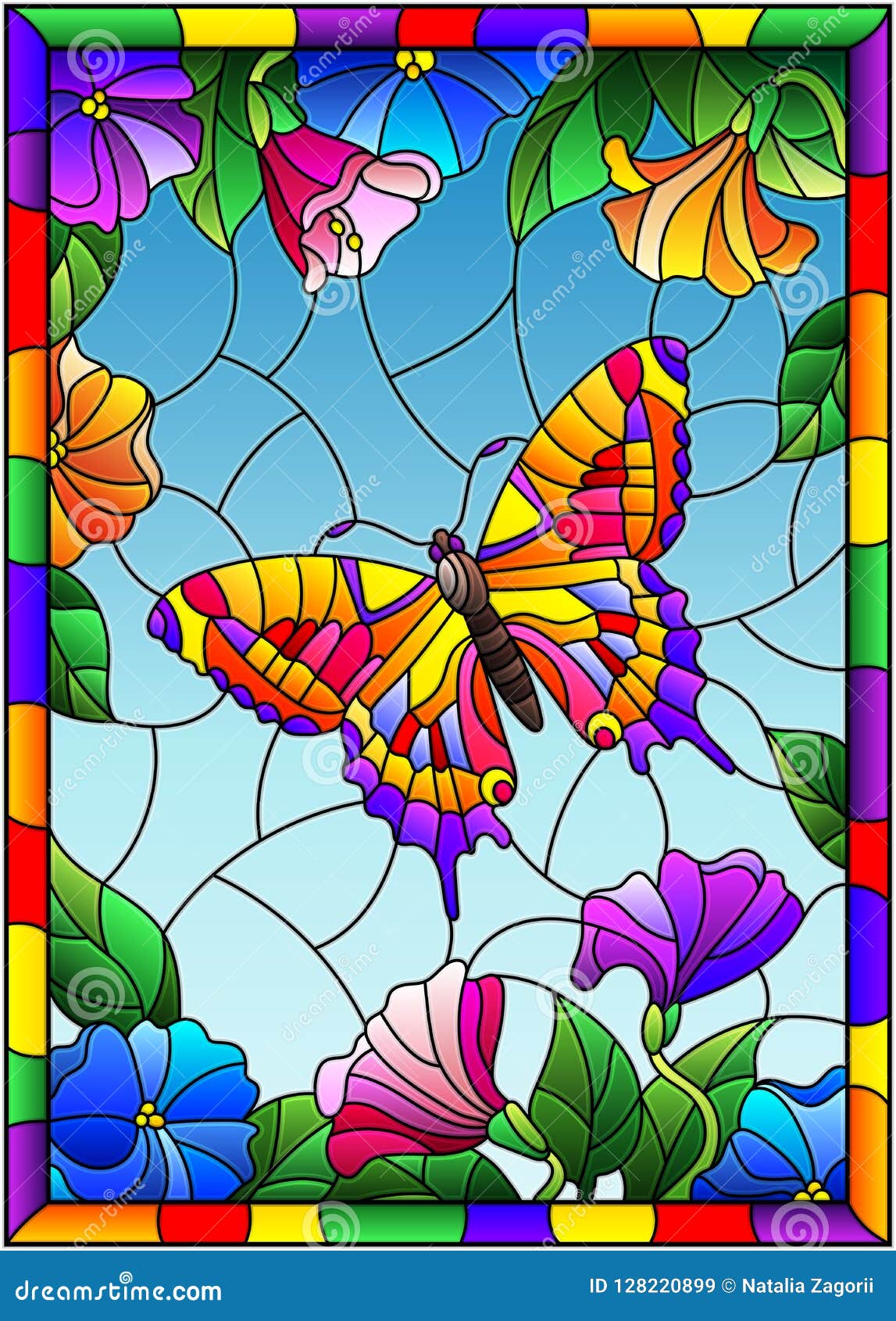 Ejemplo Del Vitral Con Una Mariposa Brillante En Un Fondo De Flores Y Del  Cielo En Un Marco Brillante Ilustración del Vector - Ilustración de  mosaico, cubo: 128220899