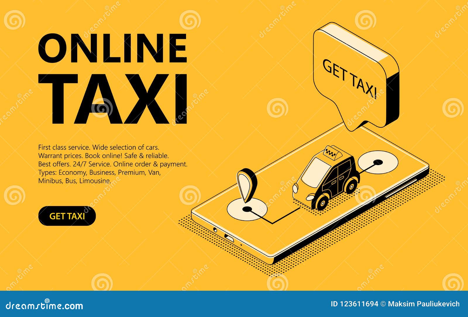 Ejemplo Isométrico Del Vector Del Taxi En Línea, Página Web Para.