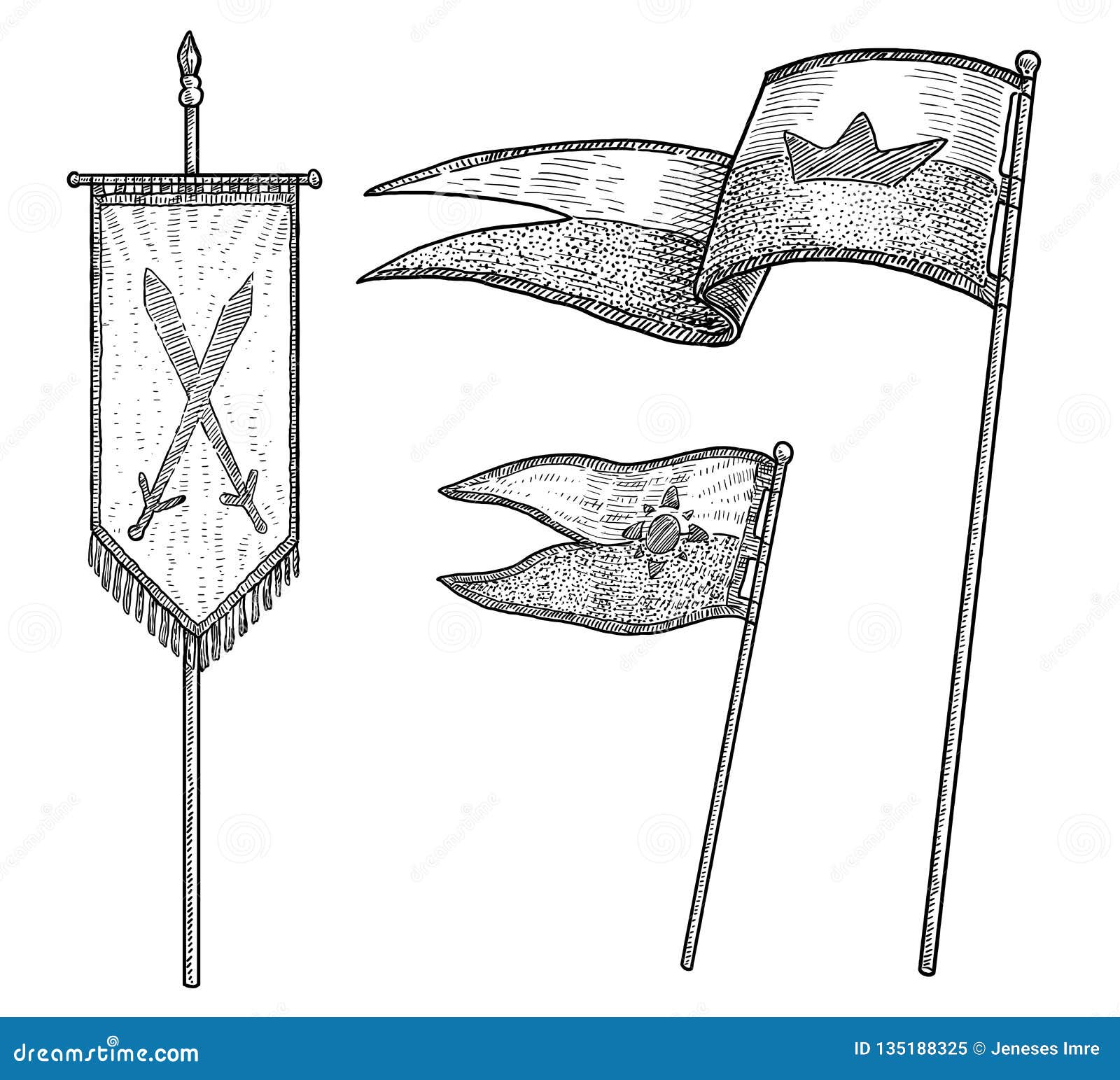 Ejemplo Medieval De Las Banderas De La Edad, Dibujo, Grabado, Tinta, Línea  Arte, Vector Ilustración del Vector - Ilustración de detallado, celebre:  135188325