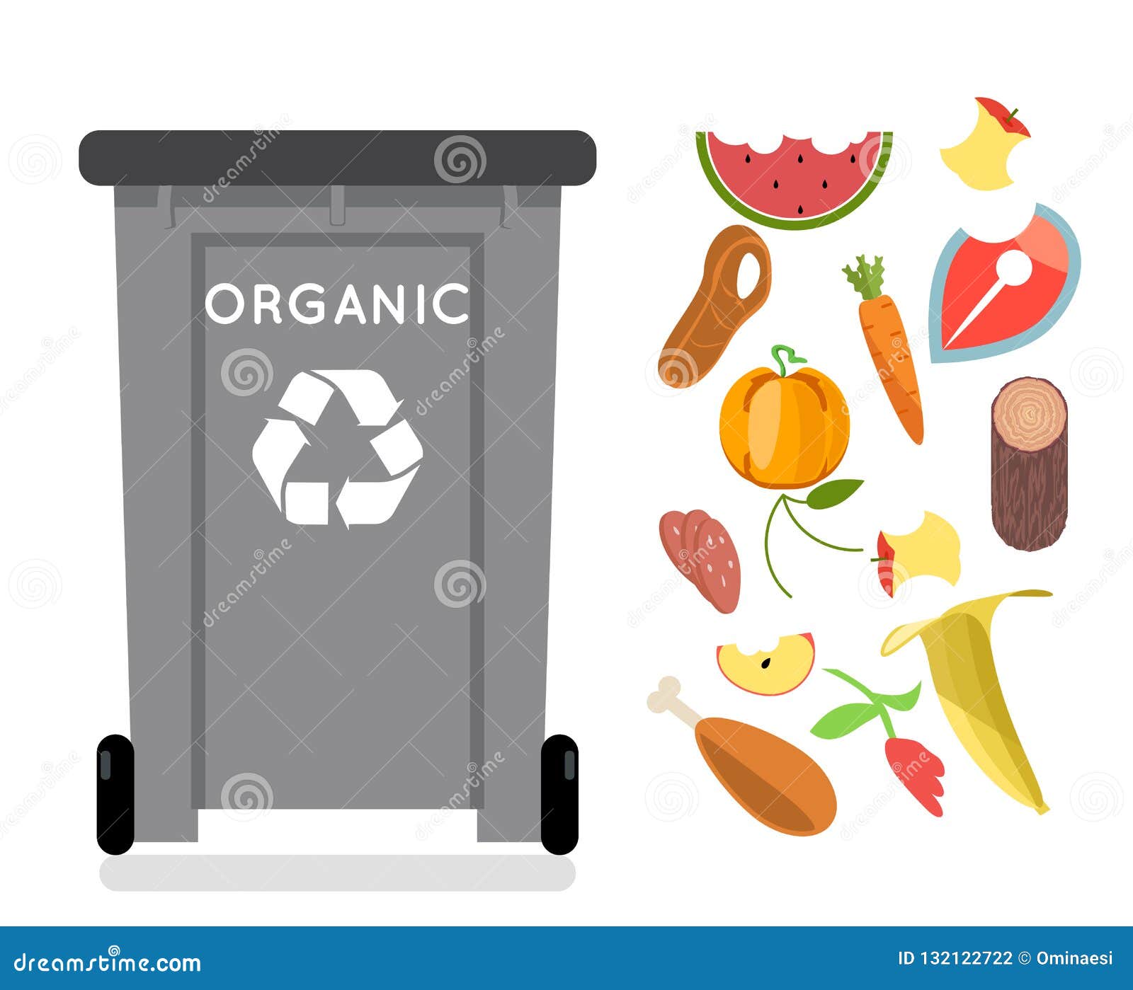 Cubo de basura con residuos orgánicos, reciclaje de basura, ilustración  vectorial