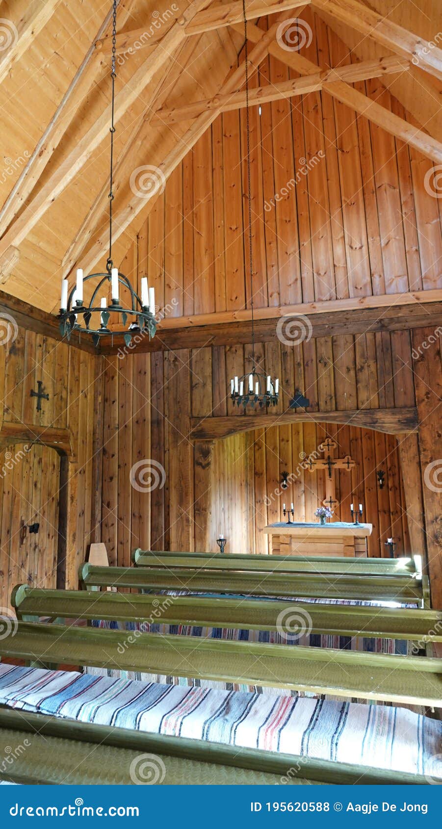 interior of scandinavian timbered church or stavkyrka of eksharad in sweden