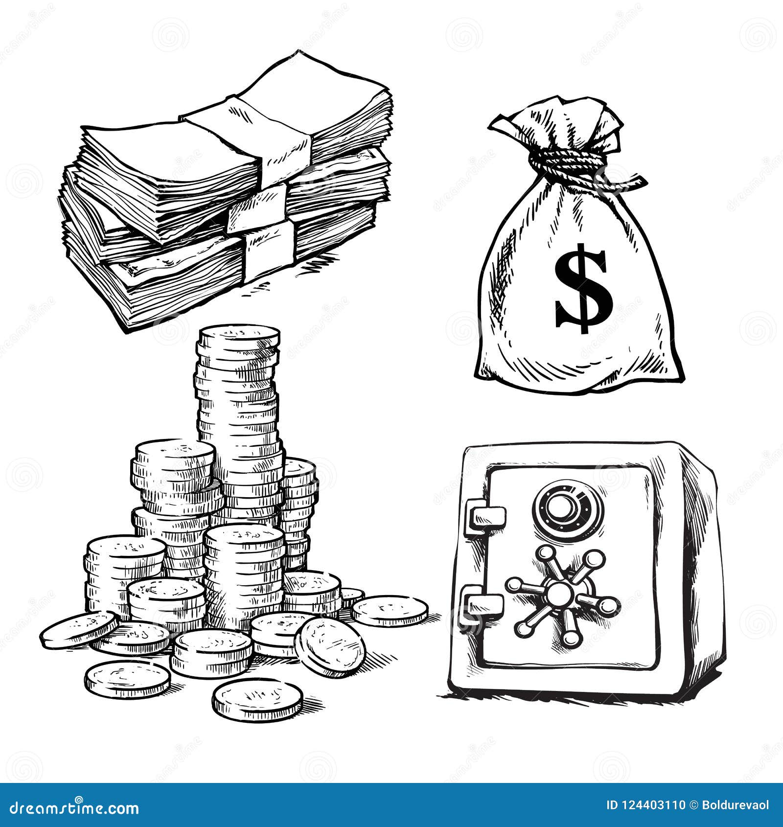 Finanzas, Sistema Del Dinero Escalas, Pila De Monedas, Saco De Dólares,  Billetes, Cartera, Hucha Vector Drenado Mano Ilustración del Vector -  Ilustración de metal, saco: 125681610