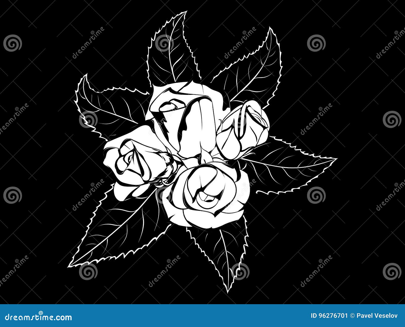 El Boutonniere subió con las hojas. Perno estilizado blanco y negro de la flor de los brotes y de las hojas de rosas Para las decoraciones y diseño, establecimiento de una red social, y enhorabuena