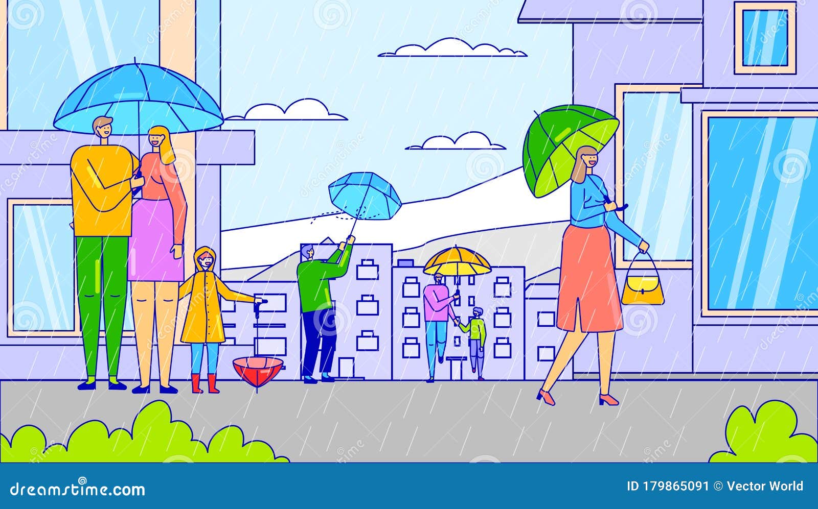 El Clima Lluvioso En La Ciudad, Personajes De Dibujos Animados Con  Paraguas, Ilustración Vectorial Ilustración del Vector - Ilustración de  lluvioso, afuera: 179865091