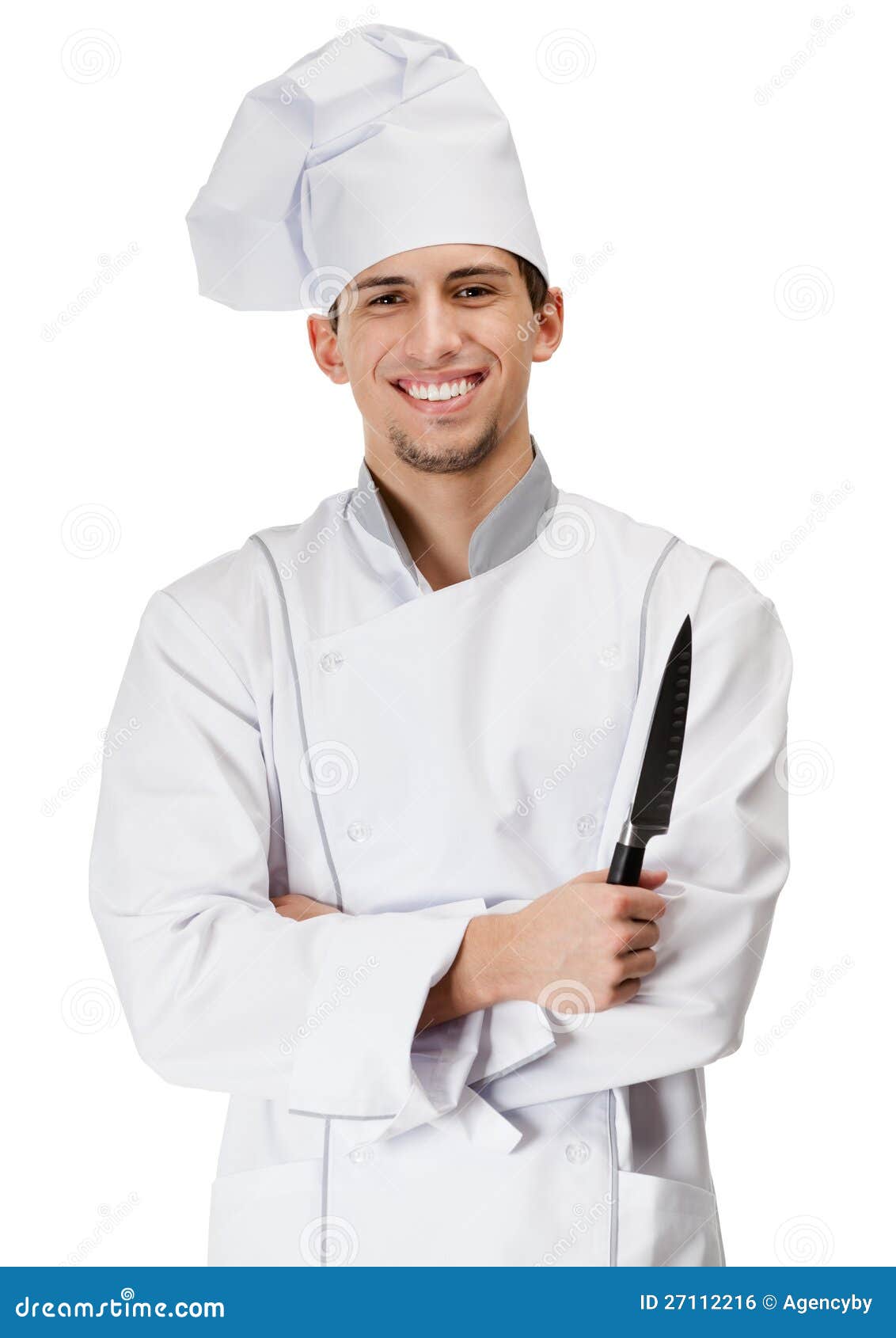 El cocinero del cocinero da el cuchillo. El cocinero del cocinero en uniforme da el cuchillo, aislado en blanco