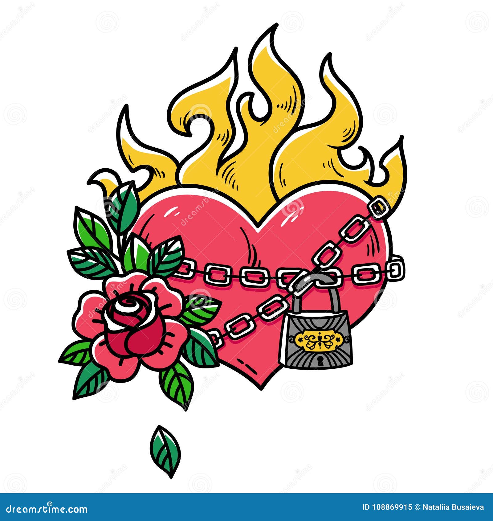 El Corazón Llameante Del Tatuaje Limita Por Las Cadenas Del Amor El Corazón Ardiente Con Subió Corazón Del Tatuaje En Grilletes D Ilustración del Vector - Ilustración de llama, flor: 108869915