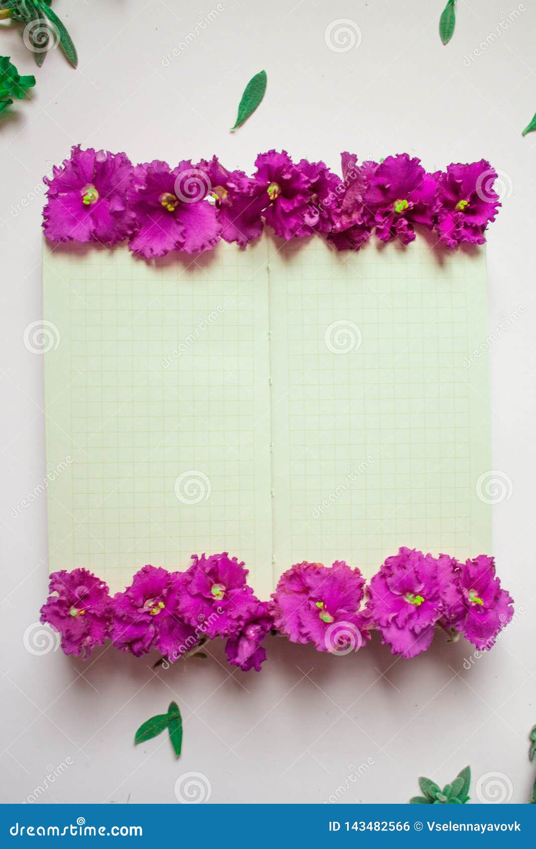El Cuaderno Vacío Adornó Las Flores Púrpuras En Un Fondo Blanco, Visión  Superior Libreta Adornada Con Las Hojas Y La Violeta Verd Foto de archivo -  Imagen de travieso, adornado: 143482566