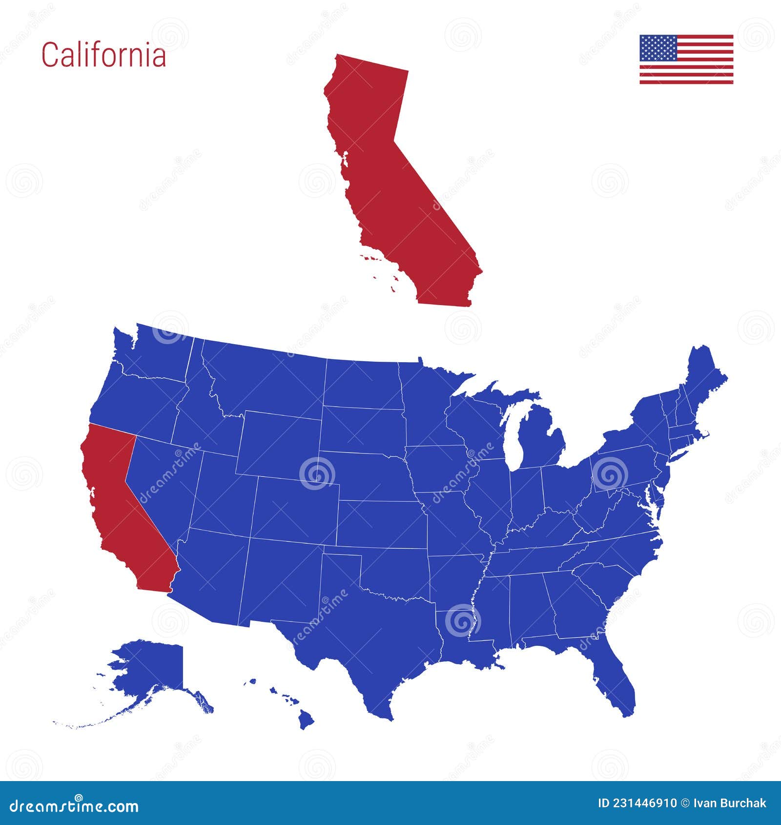 El Estado De California Se Resalta En Rojo Mapa Vectorial De Los Estados Unidos Dividido En