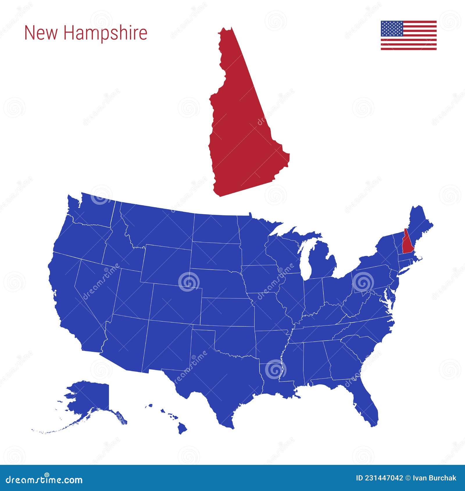 El Estado De New Hampshire Se Destaca En Rojo. Mapa Vectorial De Los