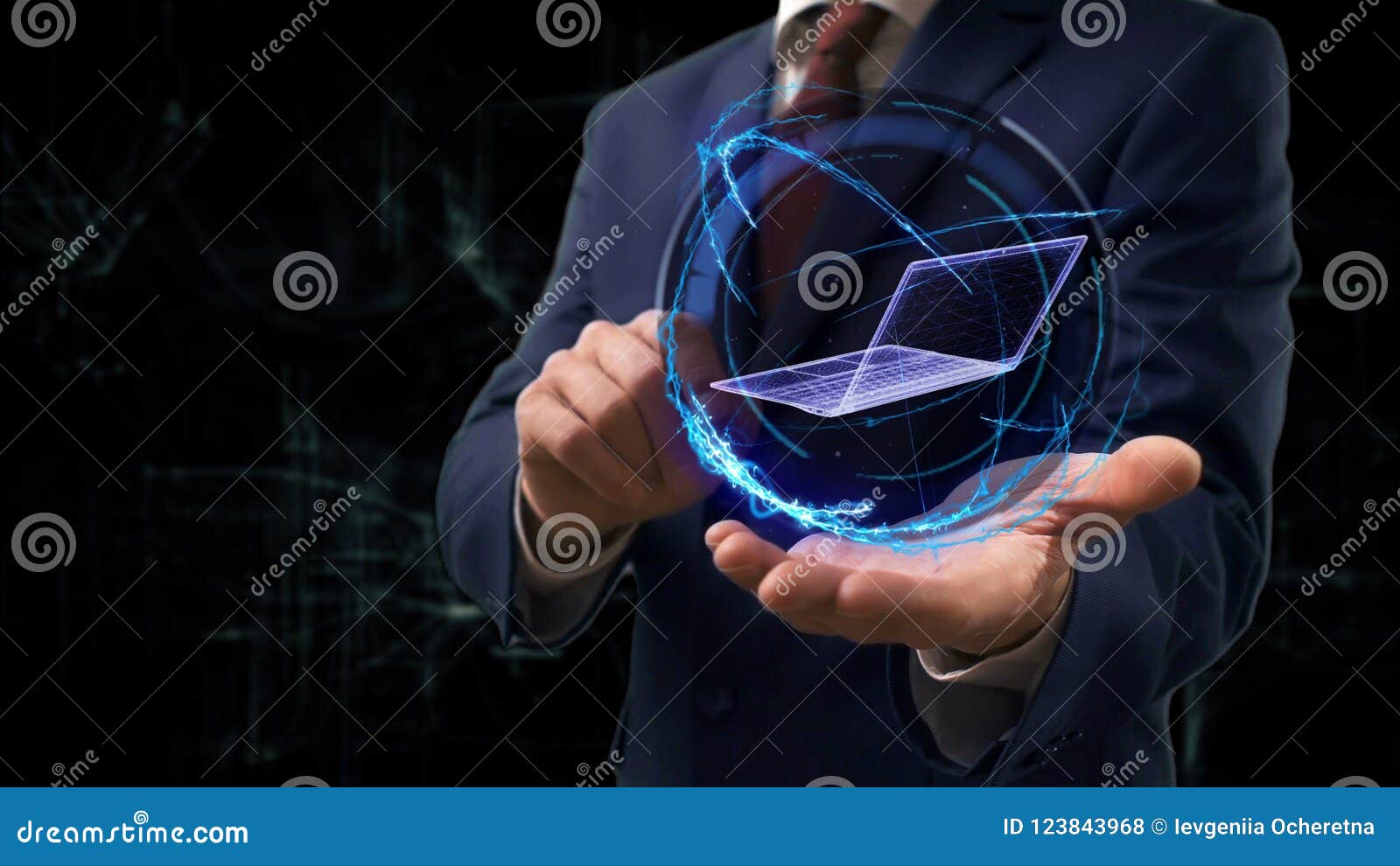 El Hombre De Negocios Muestra El Ordenador Portátil Del Holograma 3d Del  Concepto En Su Mano Foto de archivo - Imagen de superordenador,  financiamiento: 123843968