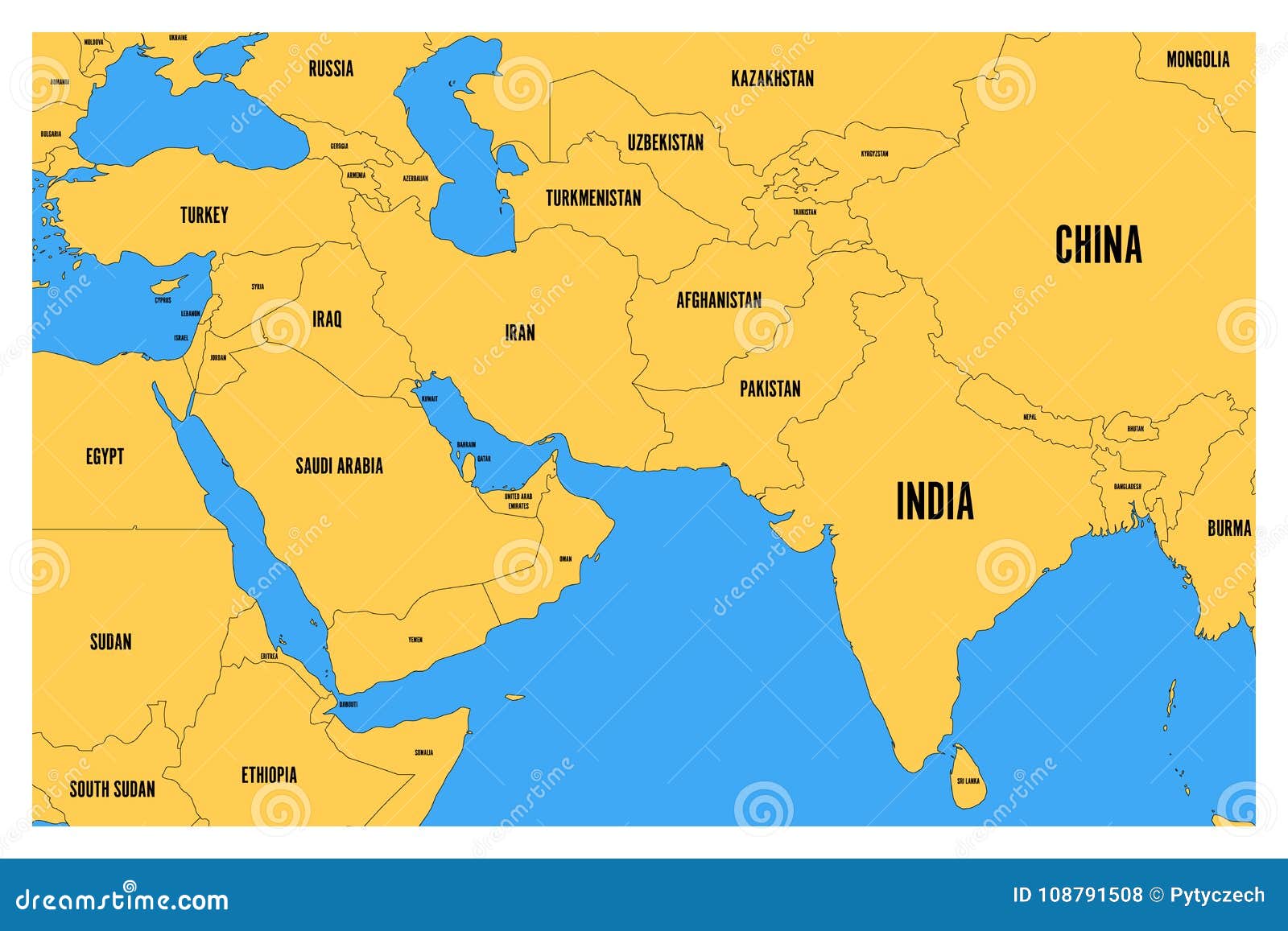 Hecho de Tomar medicina clímax El Mapa Político Del Vector Plano Simple De Asia Del Sur Y De Oriente Medio  Traza Con La Tierra Amarilla Y El Mar Azul Ilustración del Vector -  Ilustración de medio, mujer: