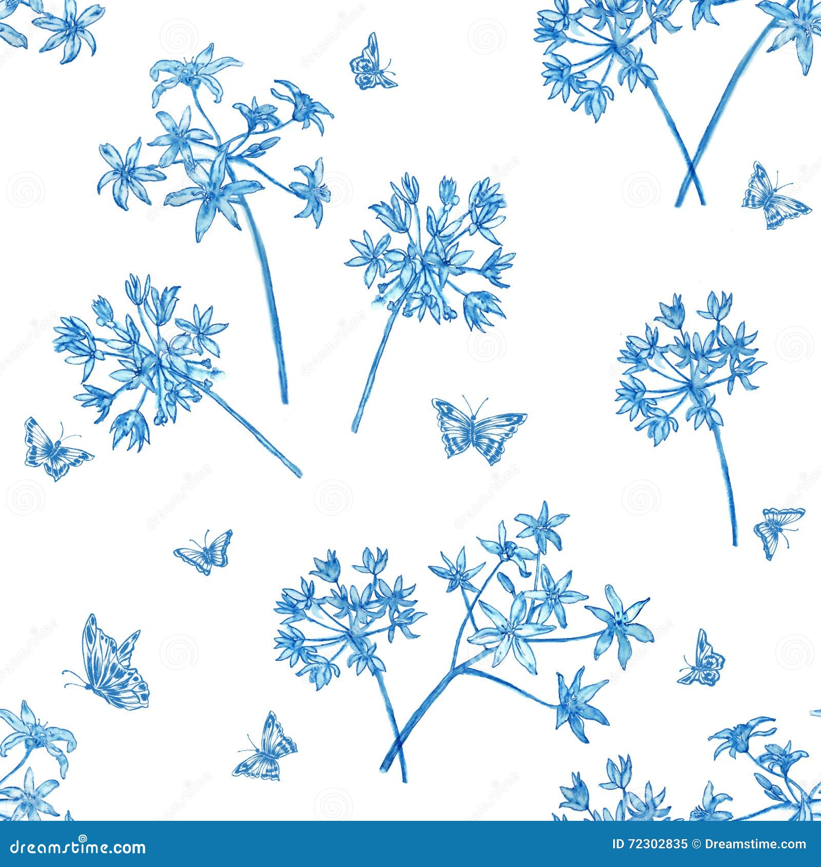 El Modelo Florece El Azul Y Mariposas Stock de ilustración 