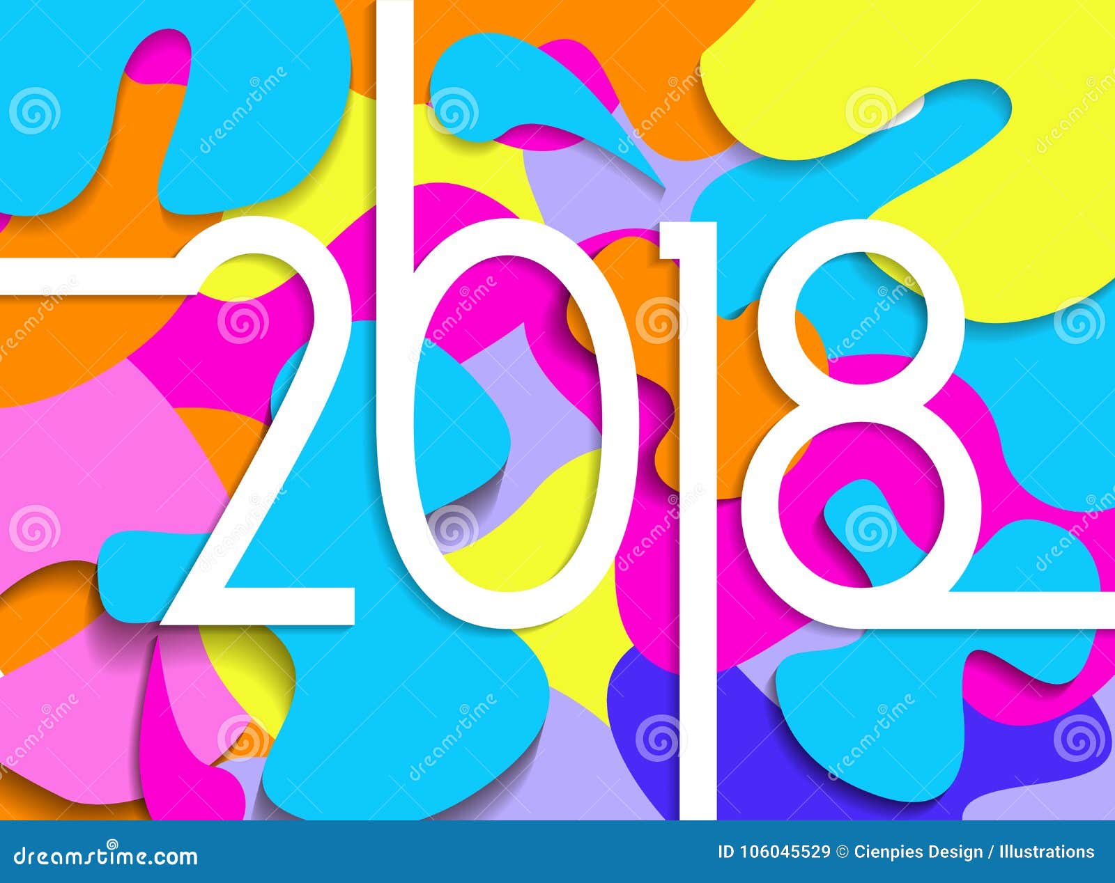 El papel colorido de la Feliz Año Nuevo 2018 cortó la tarjeta. El ejemplo de la tipografía del número del Año Nuevo 2018 con el recorte de papel colorido acodó el fondo Vector Eps10