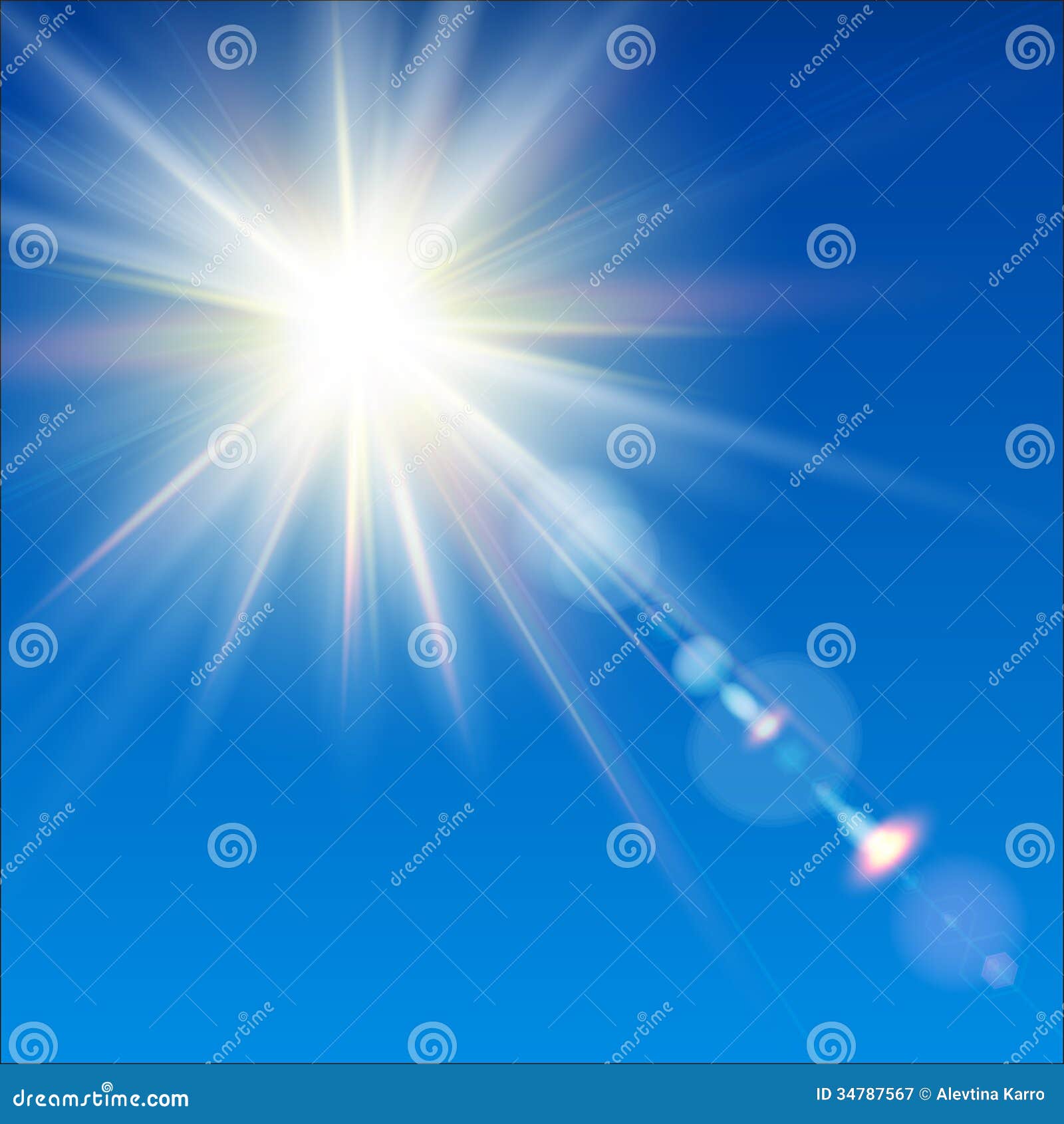 El Sol Brillante Brilla En Un Fondo Del Cielo Azul. Stock de
