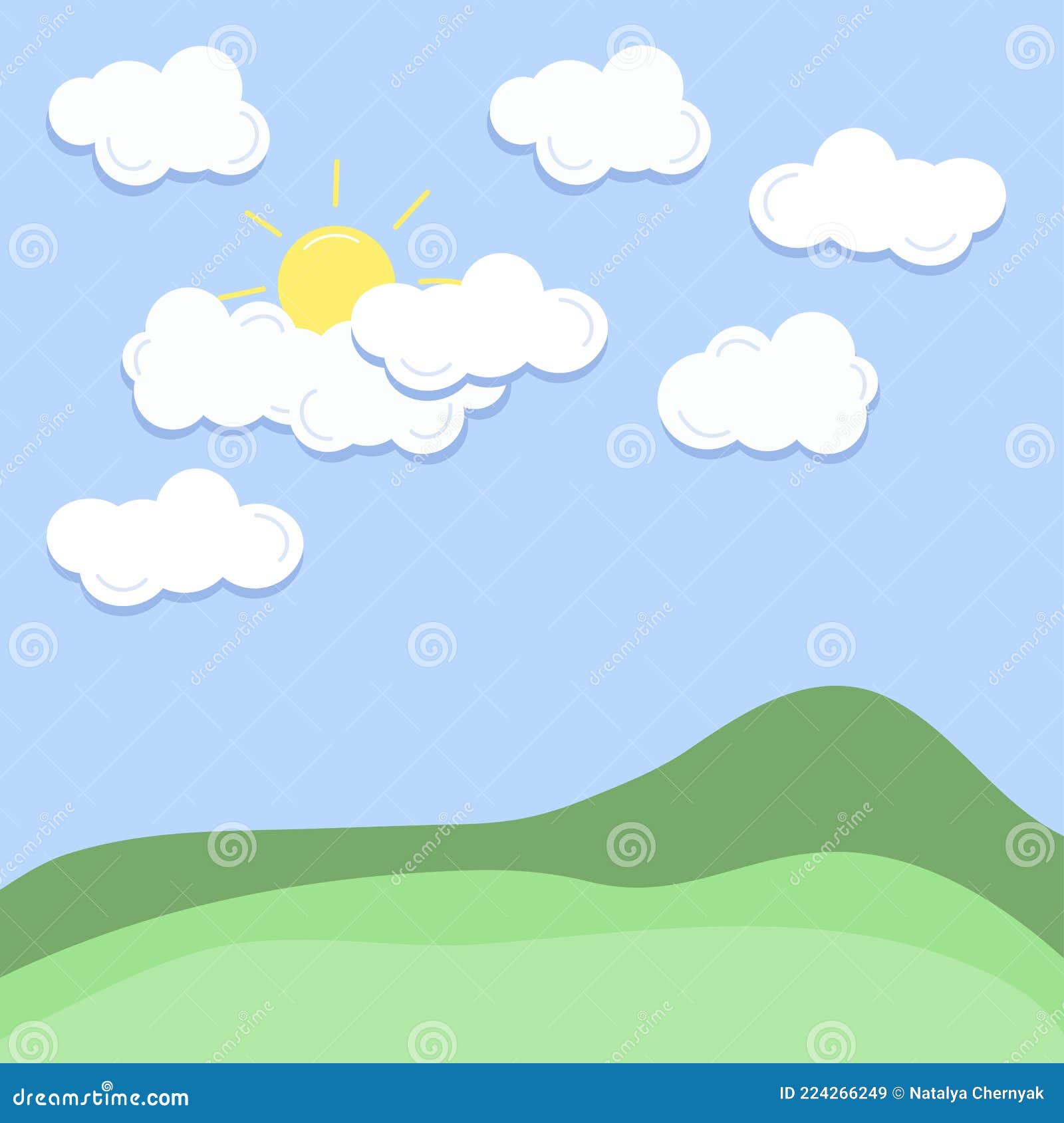 El Sol De Las Nubes Y El Paisaje Montañoso De Verano. Fondo De Pasto Azul.  Ilustración Vectorial De Dibujos Animados Ilustración del Vector -  Ilustración de azul, arte: 224266249