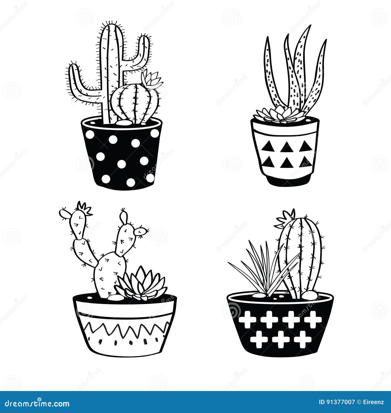 El vector fijó con los cactus y los succulents blancos y negros en potes Diseño escandinavo moderno