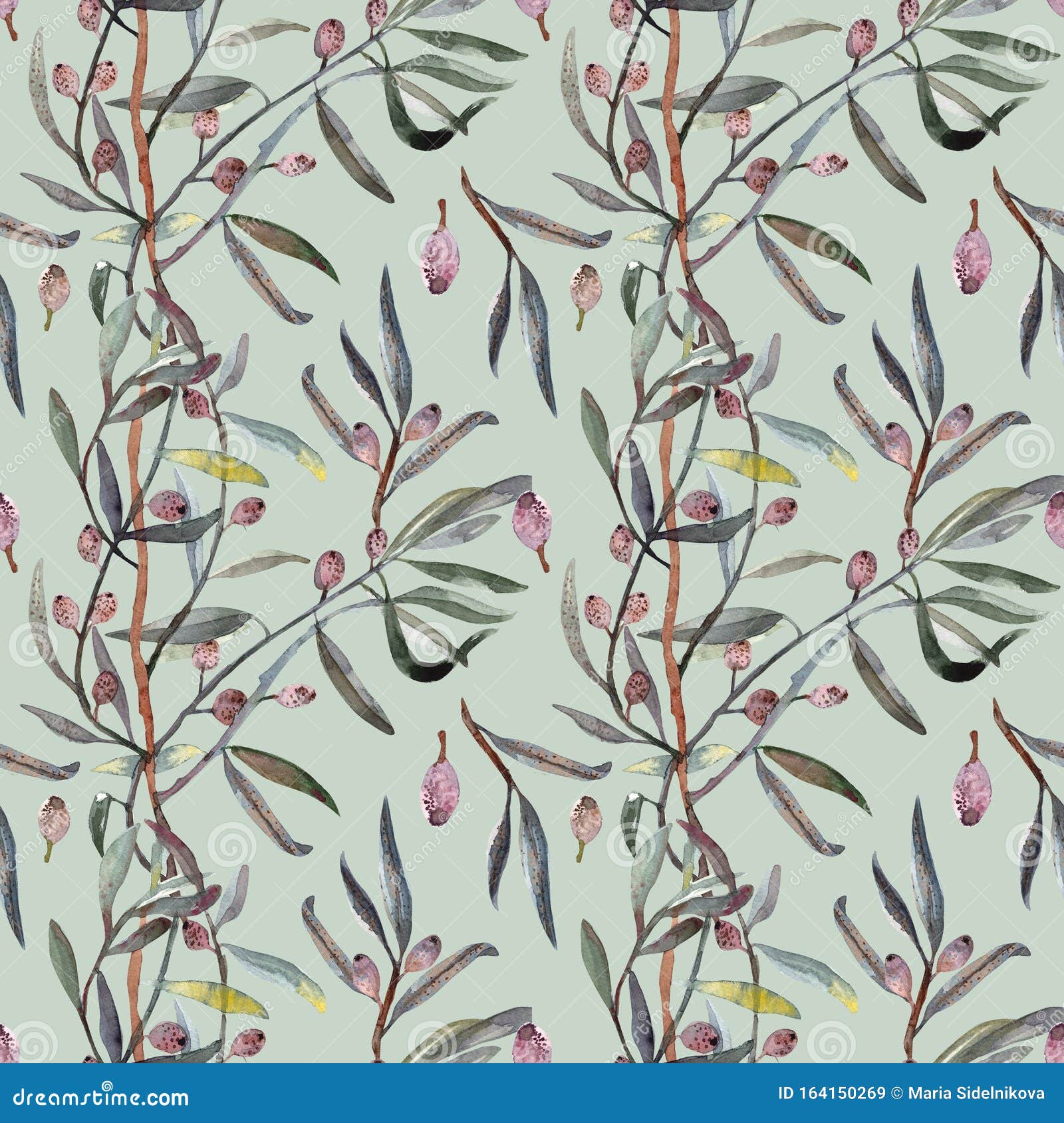 seamless pattern watercolor. twig ,leaves , berries and drupes