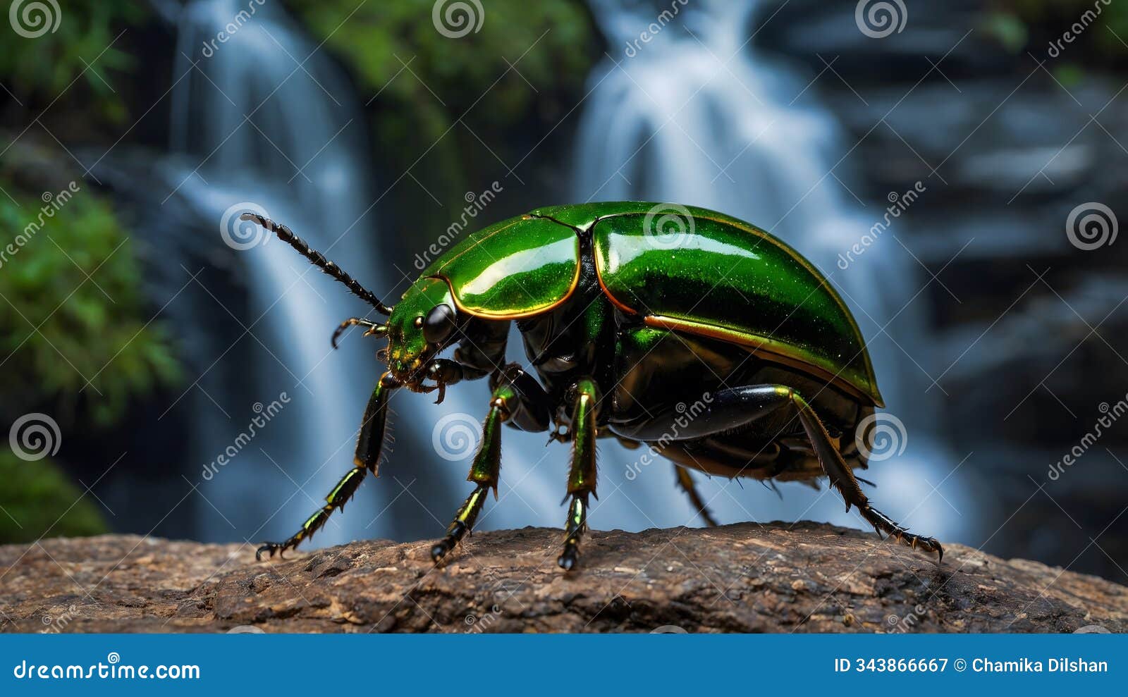 tranquil retreat: the elaphrus viridis beetle by the cascading falls