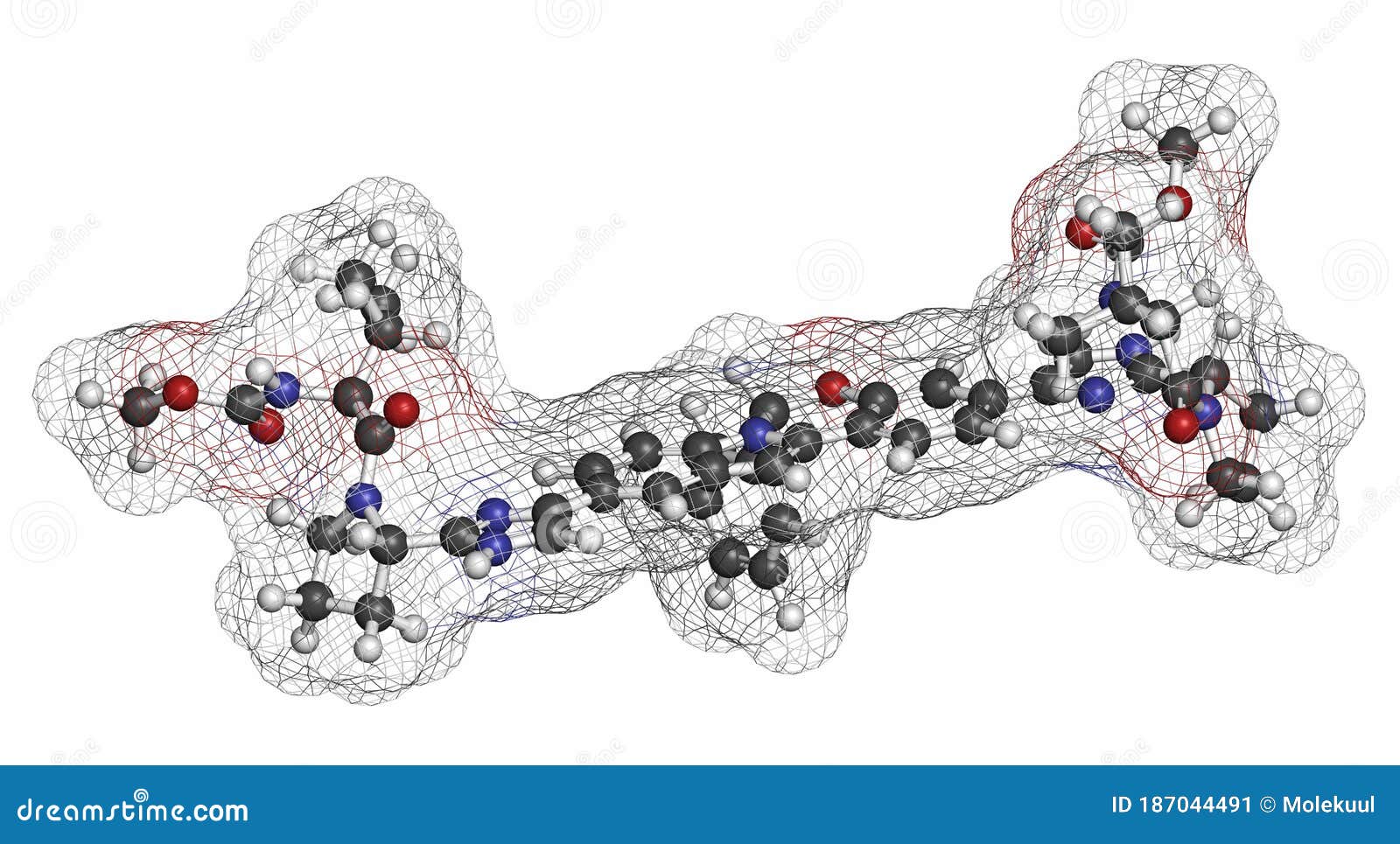 elbasvir hepatitis c virus (hcv) drug molecule (ns5a inhibitor). atoms are represented as spheres with conventional color coding: