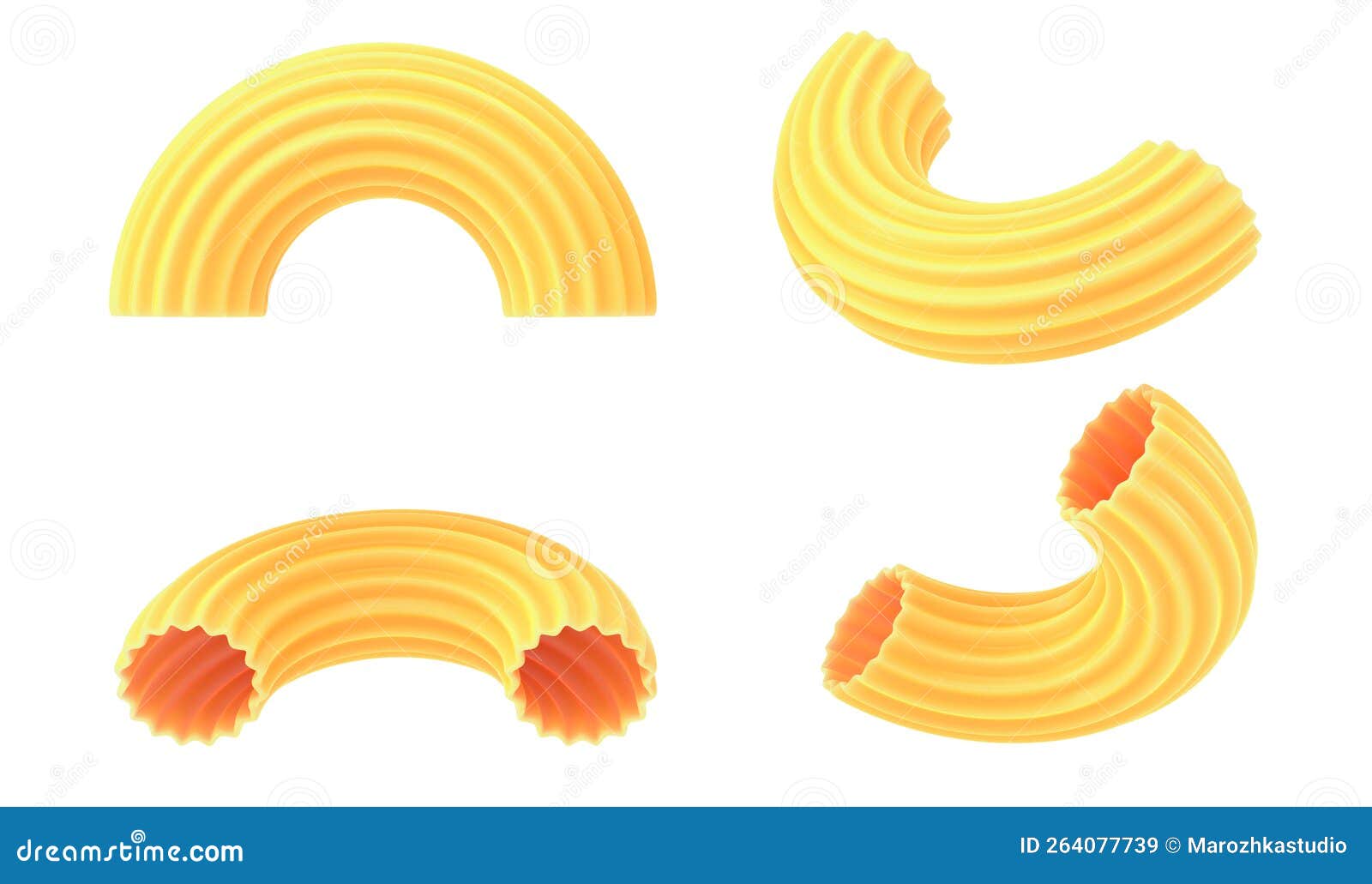 Elbow Pasta, Macaroni in Different Angles, 3d Render Icon Set