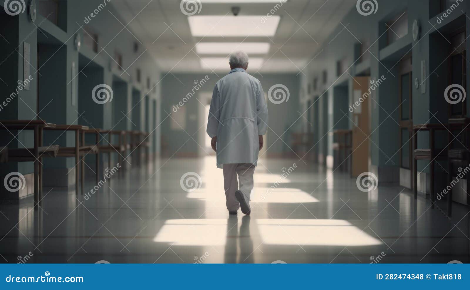 Elder Man Walking Alone in the Hospital Corridor. Generative Ai Stock