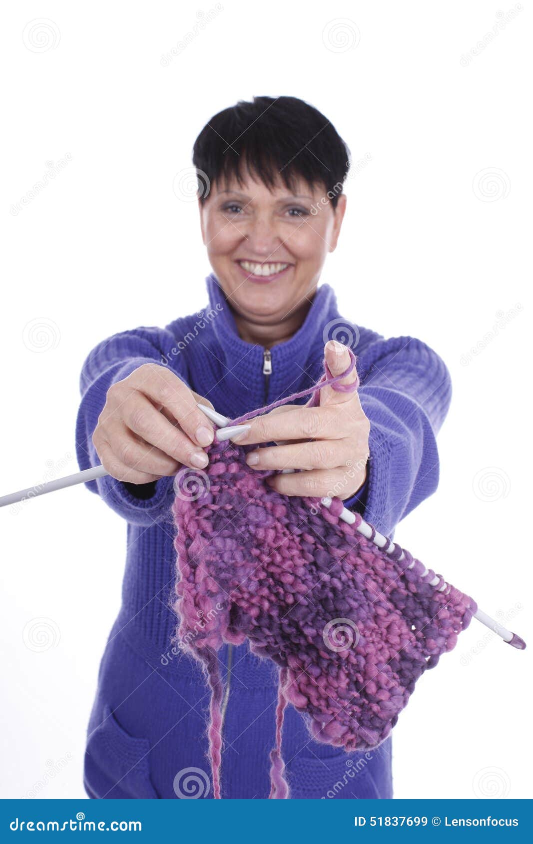 Elder woman with knitting isolated on white