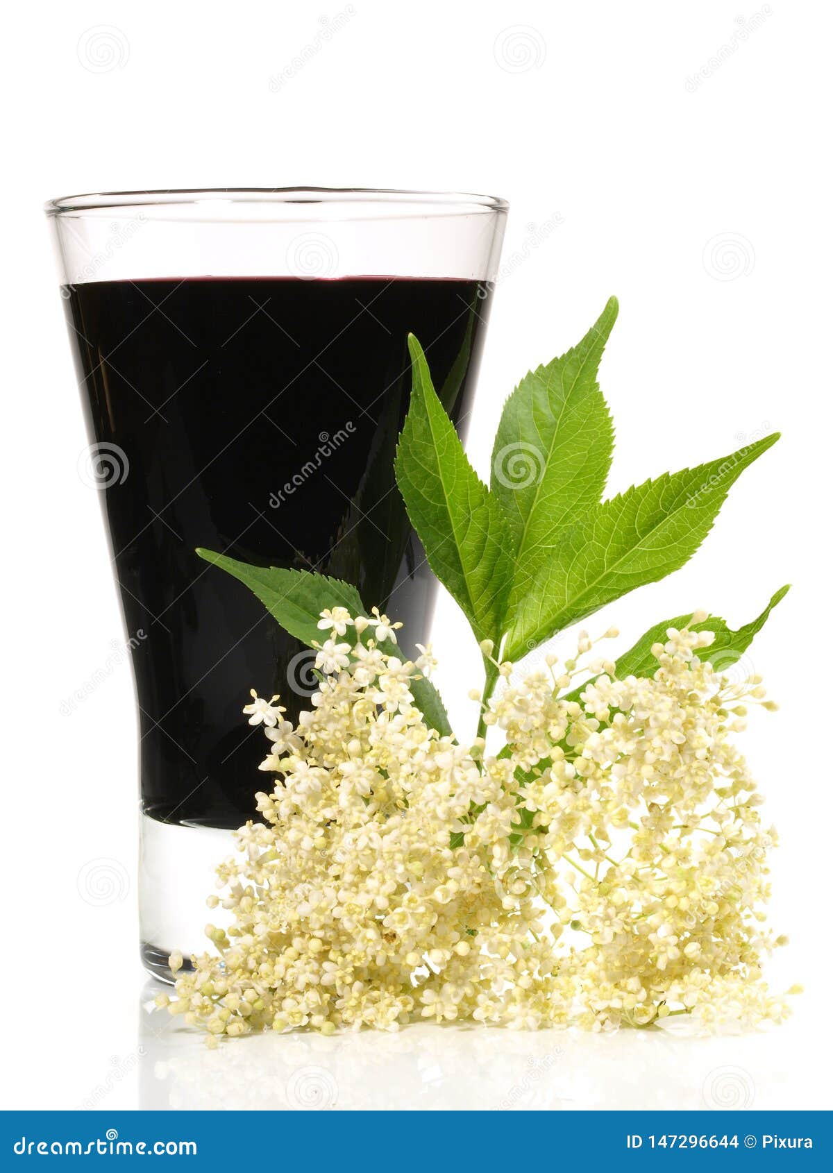 Elderberry Juice with Elderberry Flower on White Background Stock Photo