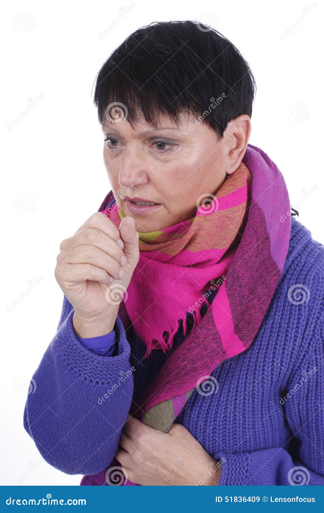 Elderly Coughing Woman with Scarf and Pullover Stock Image Image of pullover, shawl 51836409