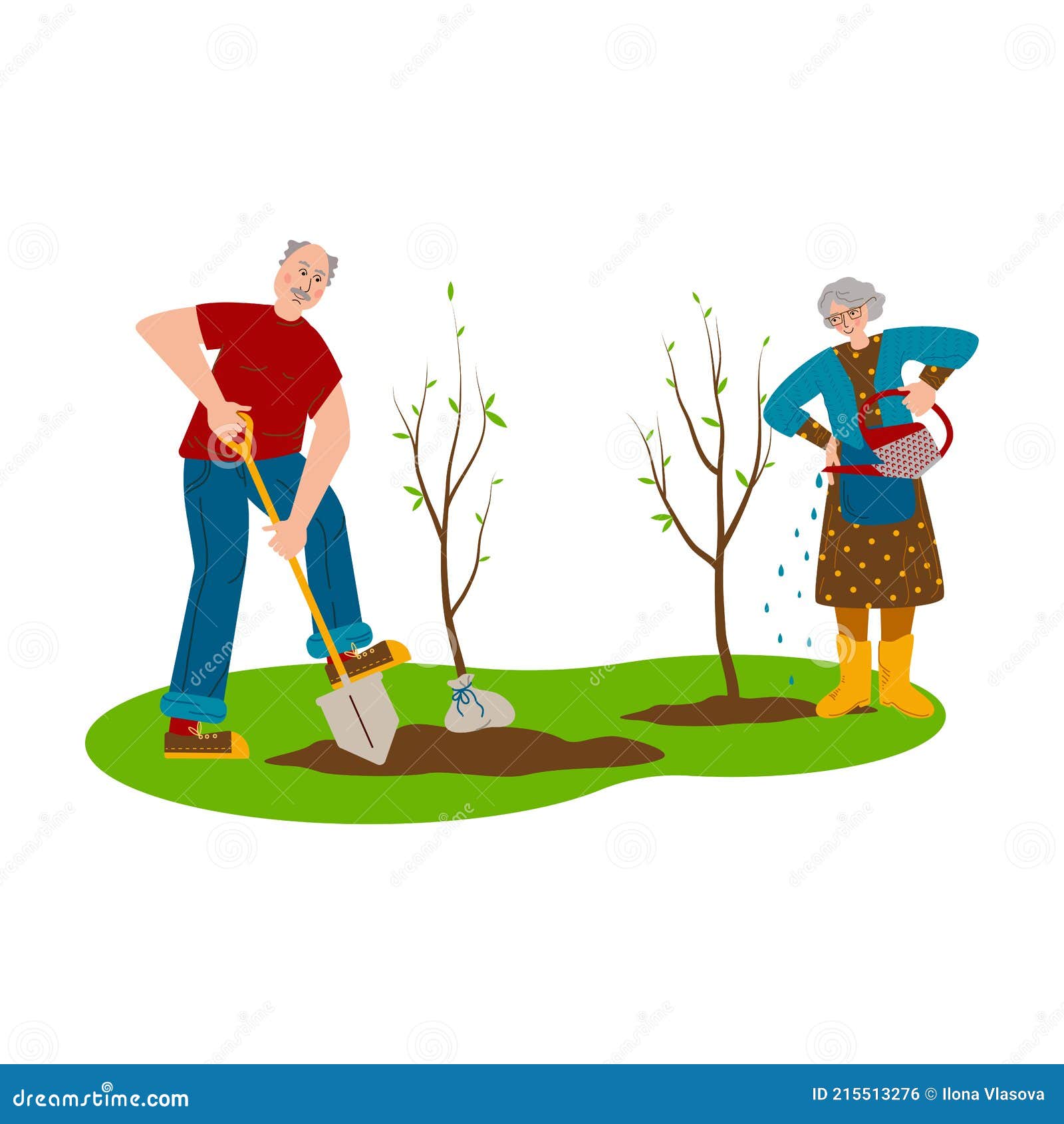 Elderly Couple Working in the Garden. Seniors Plant Young Trees. a Man ...
