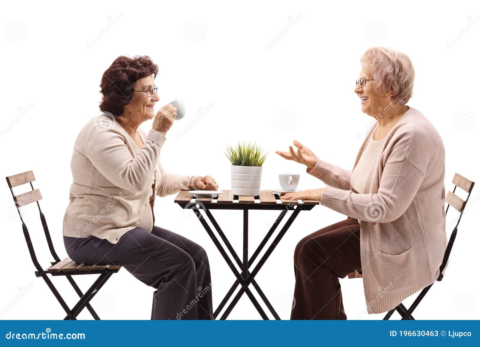 Elderly Female Friends Drinking Coffee at a Table and Talking Stock