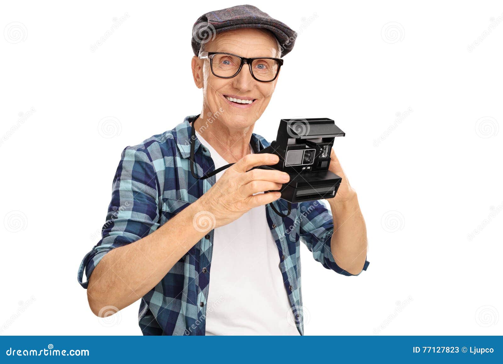 Elderly Hipster Holding a Polaroid Camera Stock Image Image of male