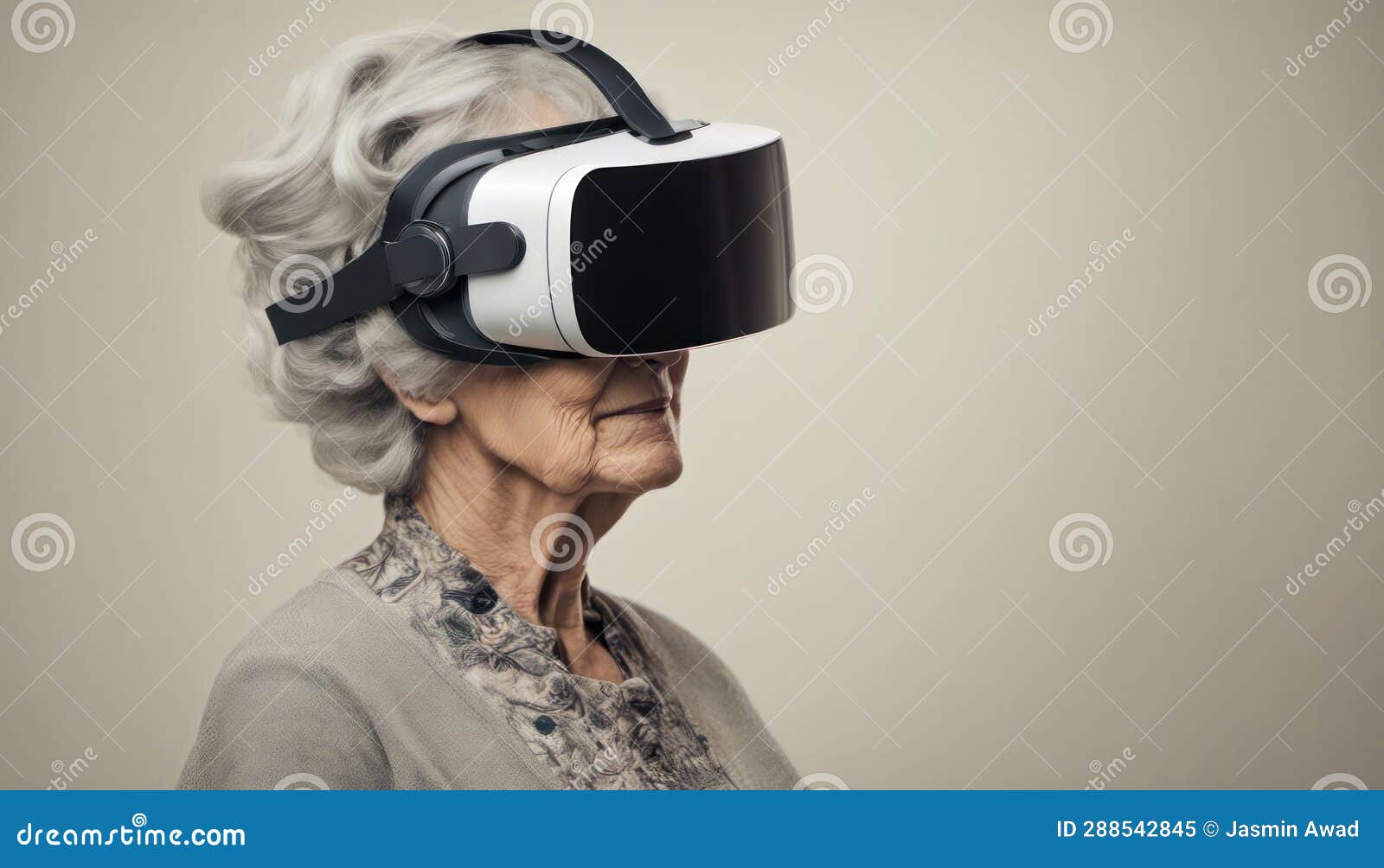 Elderly Lady with Virtual Reality Headset and Copy Space Ai Generated Stock Illustration