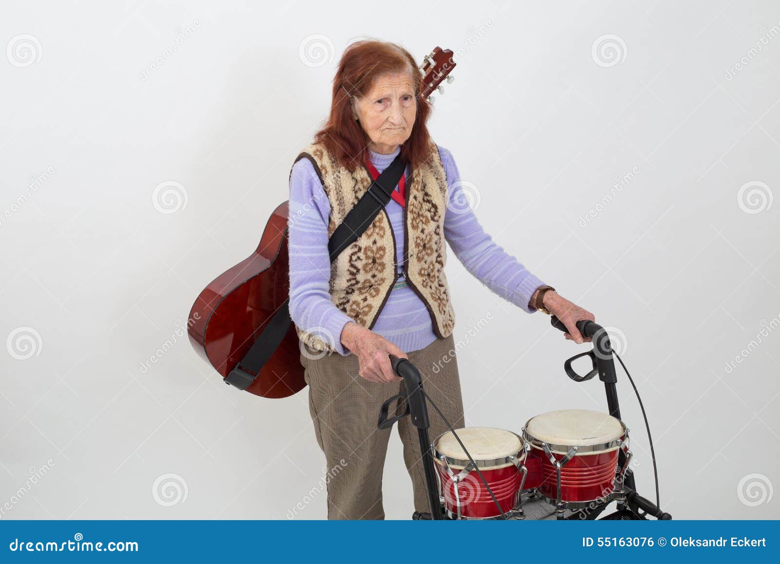Elderly Lady with Rollator and Musical Instruments Stock Photo Image