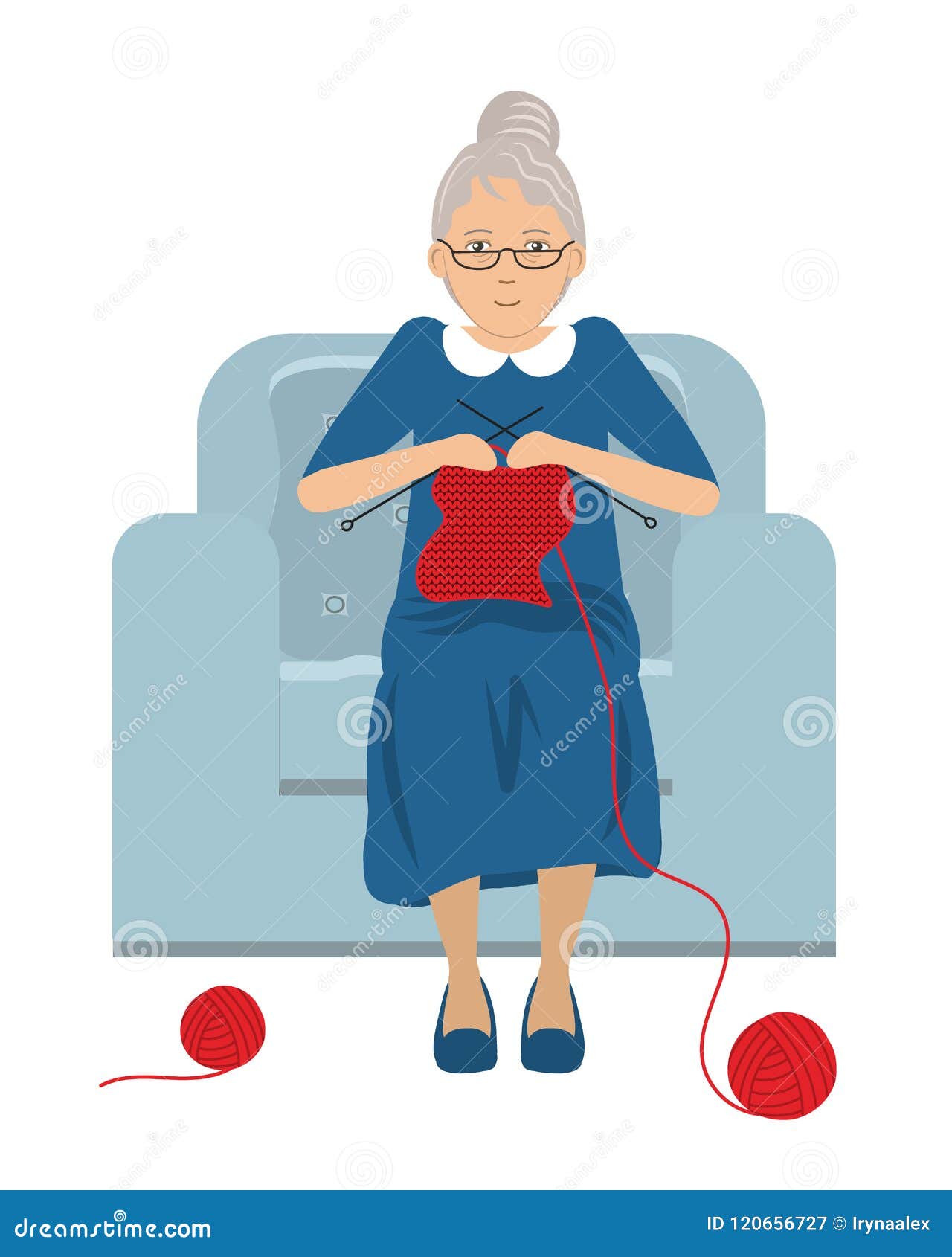 Elderly Lady is Sitting in a Blue Armchair and Knits Stock Vector ...