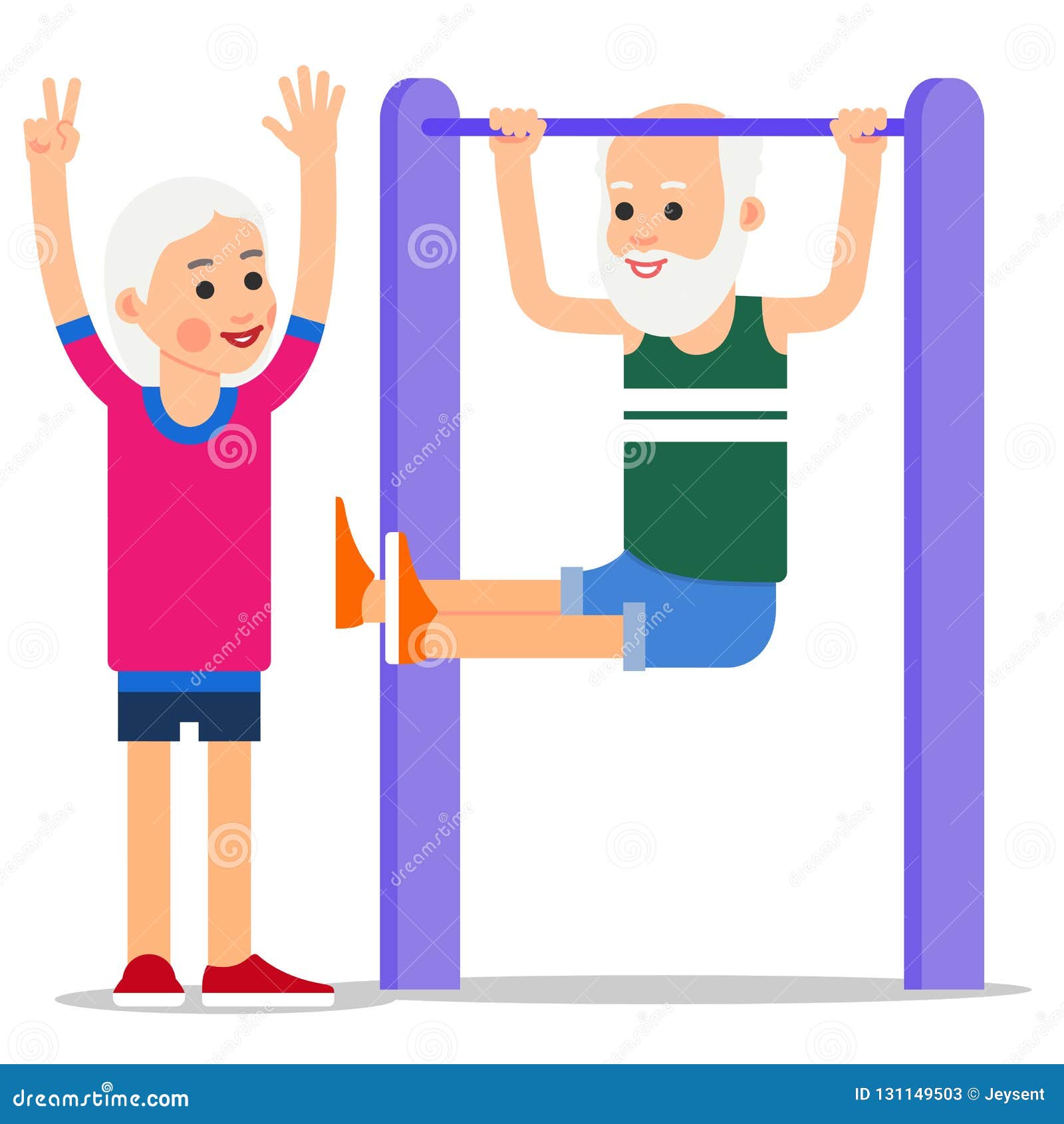 Elderly Man Making Pull Ups. One Senior Doing Pullups, Woman St Stock
