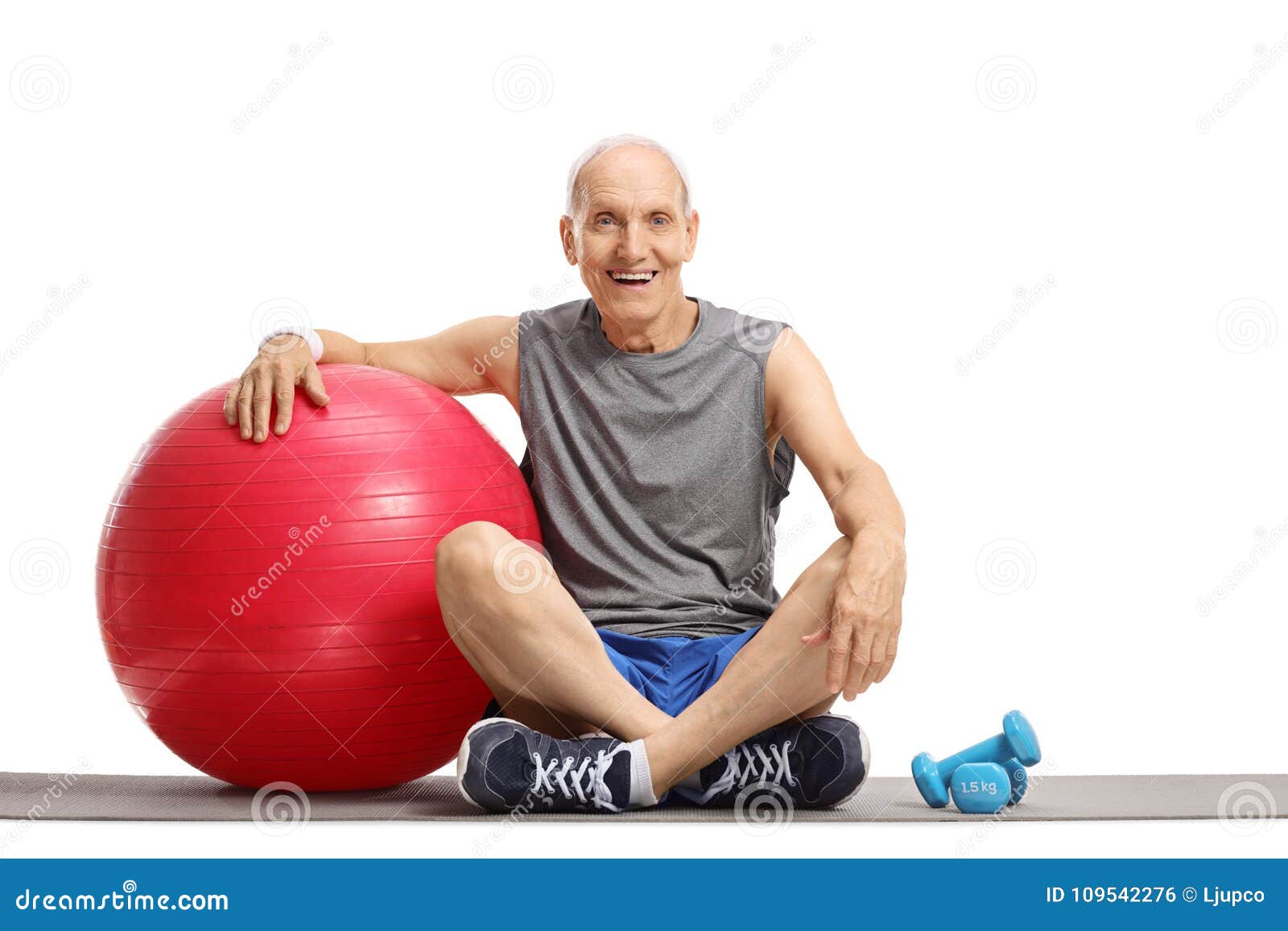 Elderly Man with a Pilates Ball and Dumbbells Sitting on an Exercise Mat Stock Photo Image of person gear 109542276