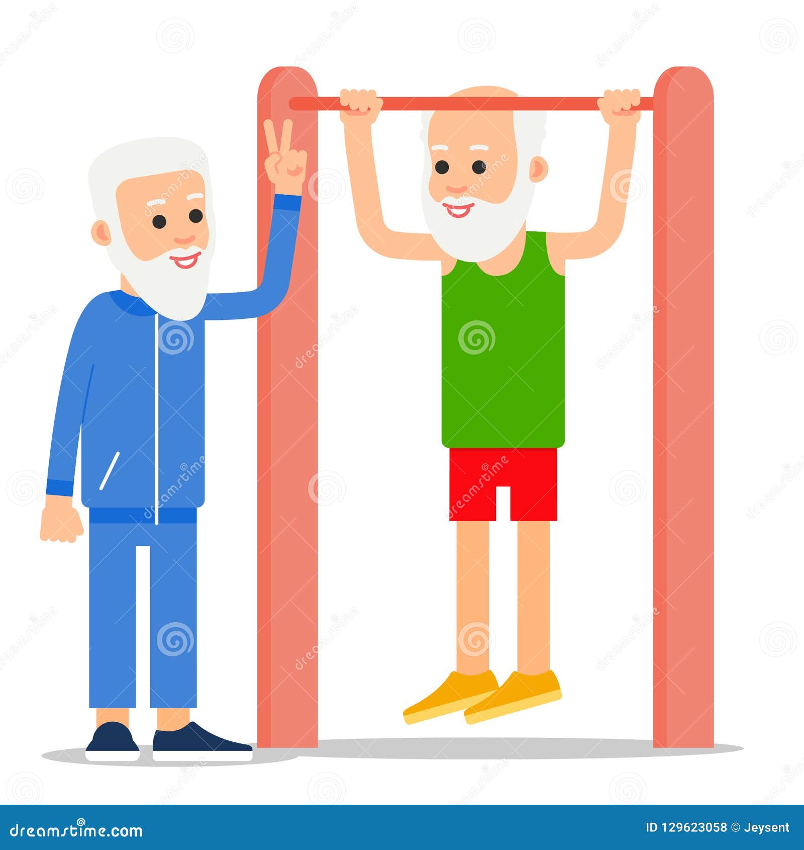 Elderly Man Pulls Up Exercising. One Senior Doing Pullups, Another Man