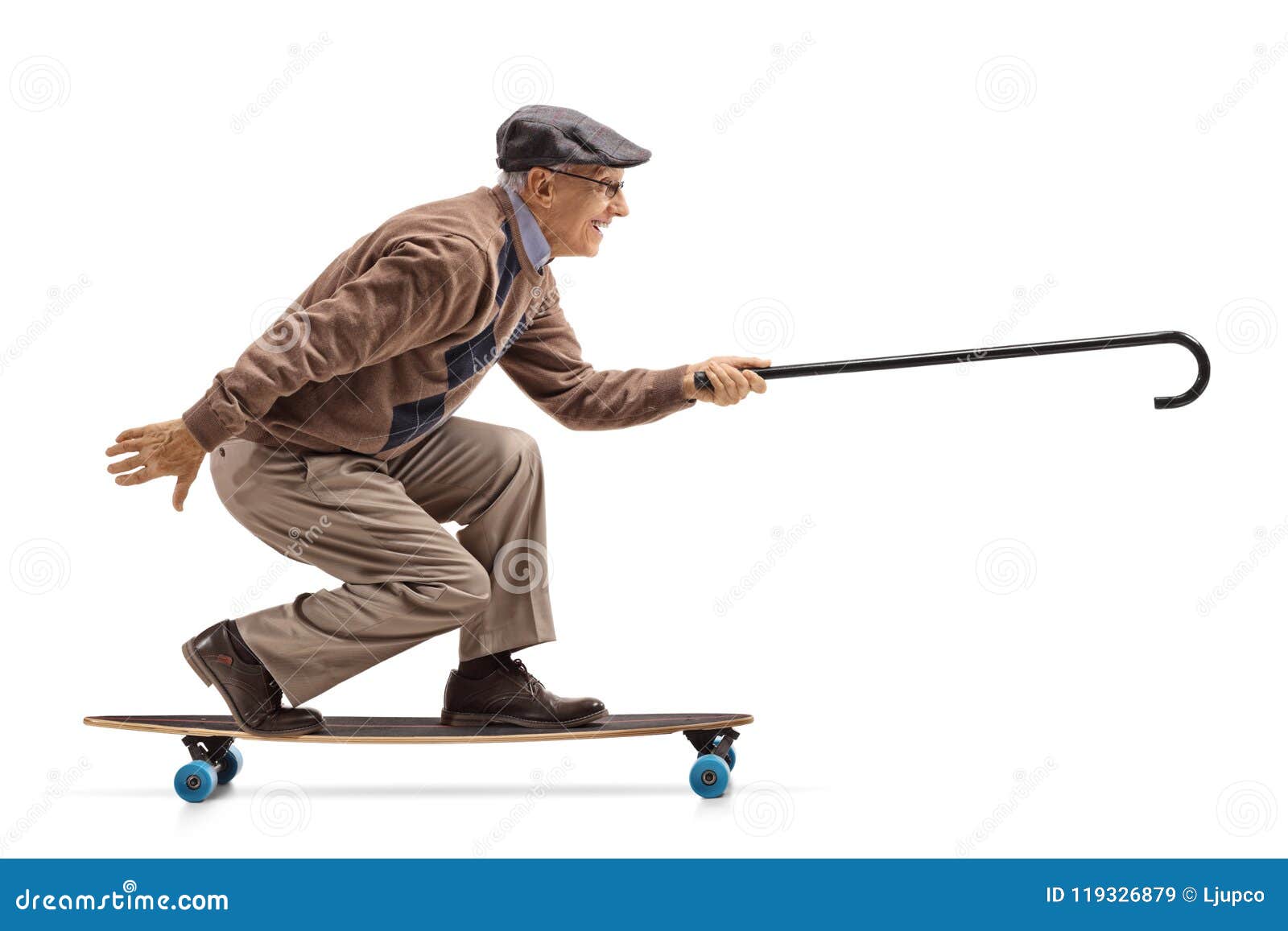 Elderly Man Riding a Longboard and Holding a Cane Stock Image - Image ...