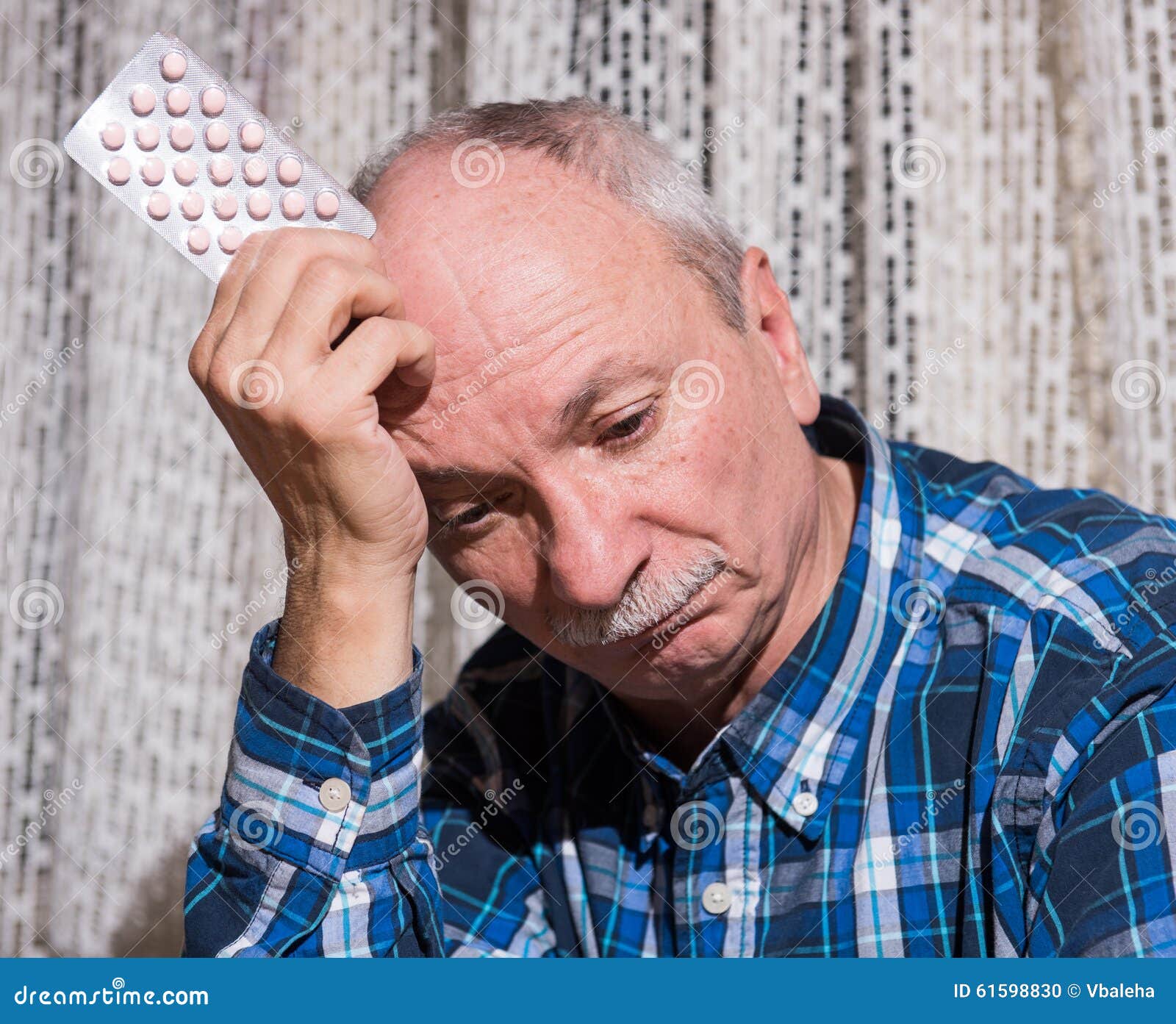 Elderly Man Wants To Take a Pill Stock Photo Image of banner, doubt