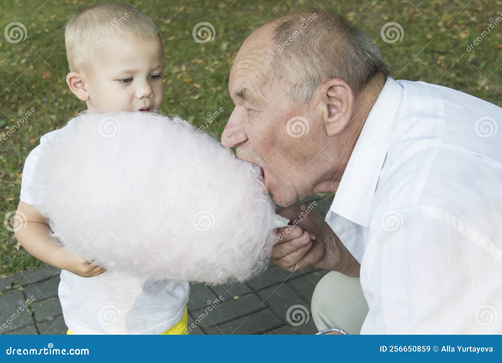 An Elderly Man With His Mouth Wide Open Greedily Bites Cotton Candy