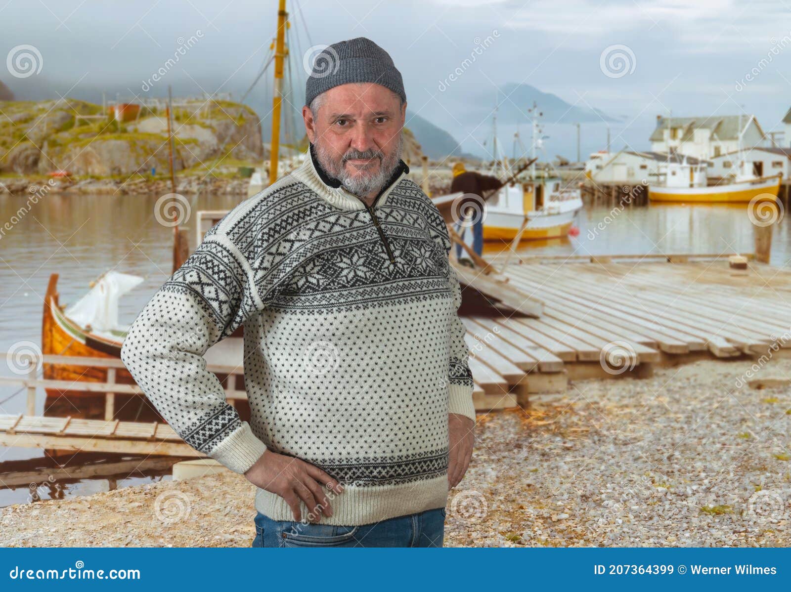 A Norwegian Fisherman with a Beard and a Typical Sweater is